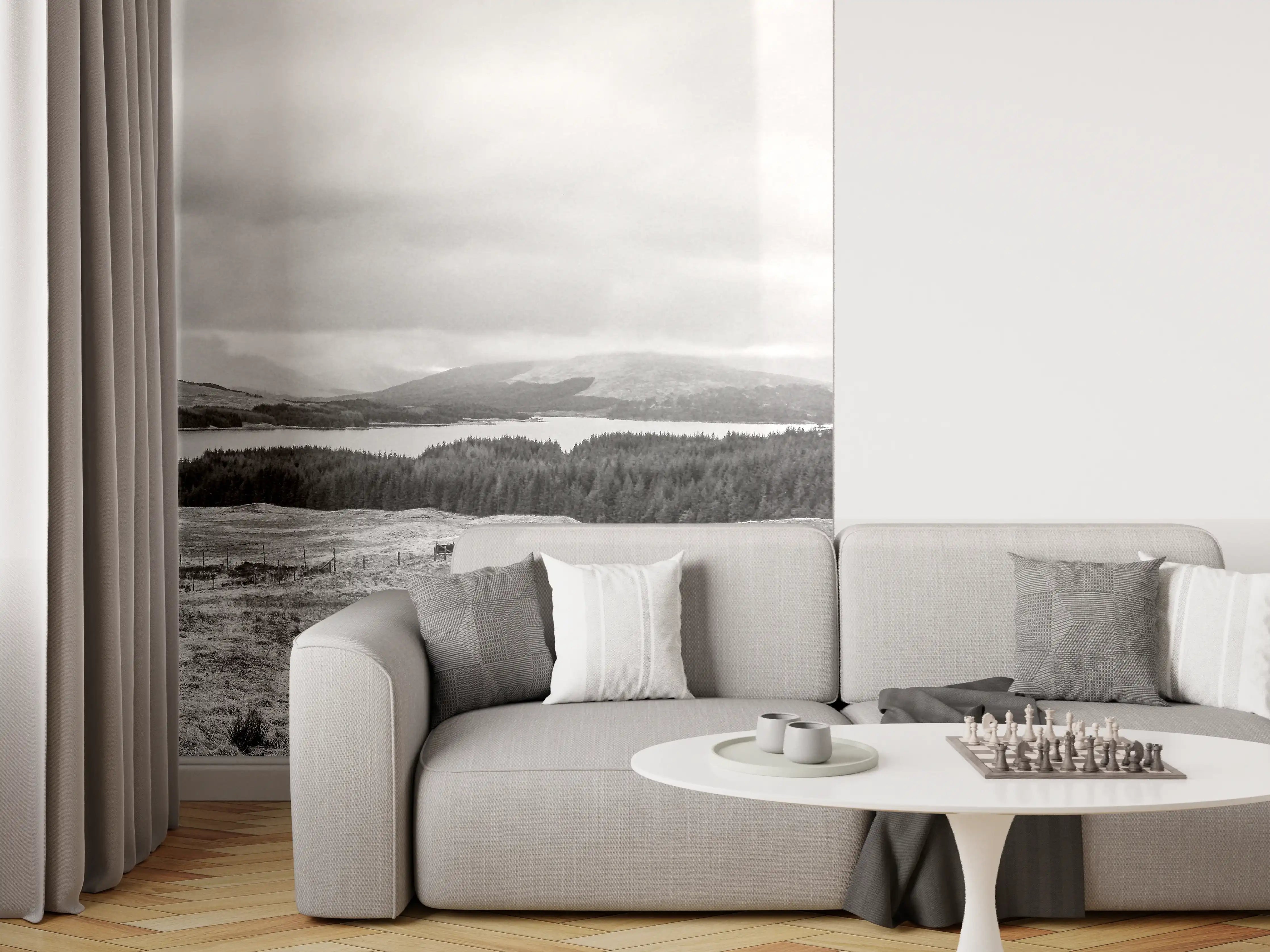 Wandverkleidung Wohnzimmer - Idyllische Landschaft im Schwarz-Weiß-Look