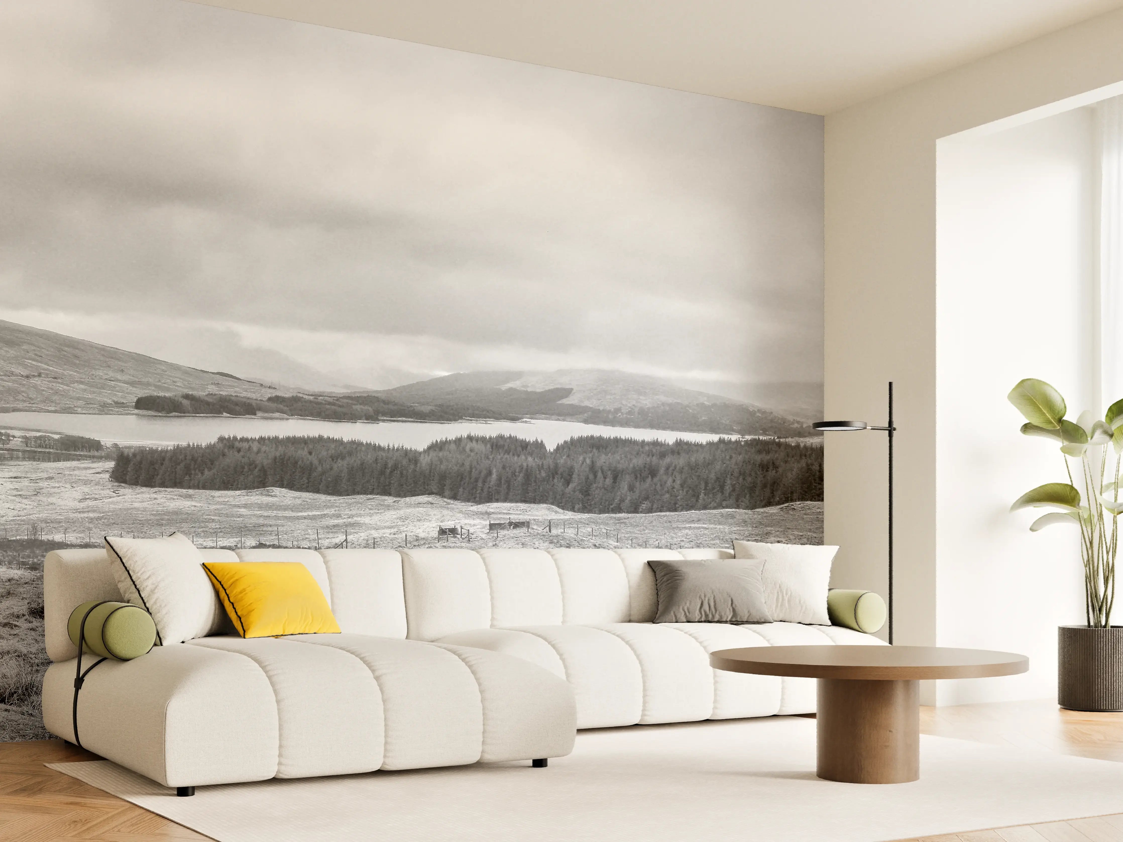 Wandverkleidung Wohnzimmer - Idyllische Landschaft im Schwarz-Weiß-Look
