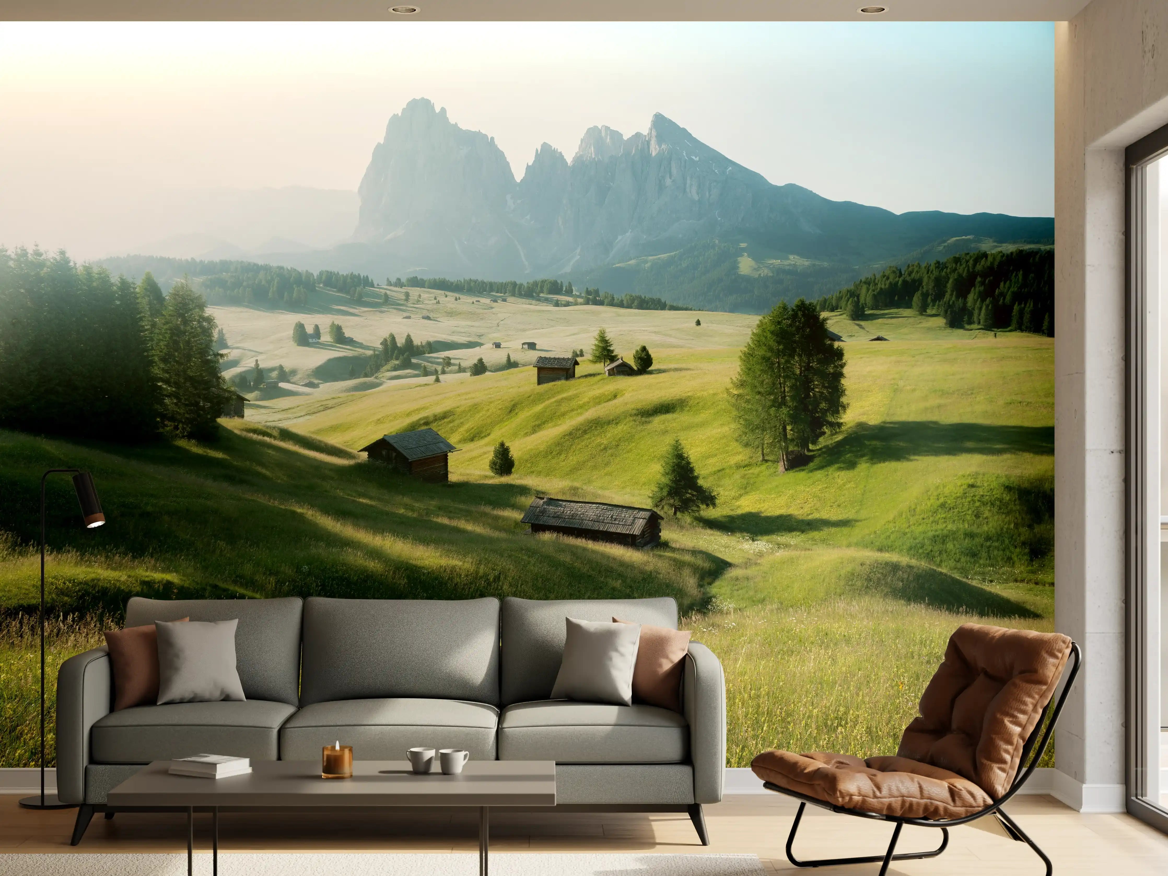Wandverkleidung Wohnzimmer - Idyllische Landschaft mit Bergen und Wiesen