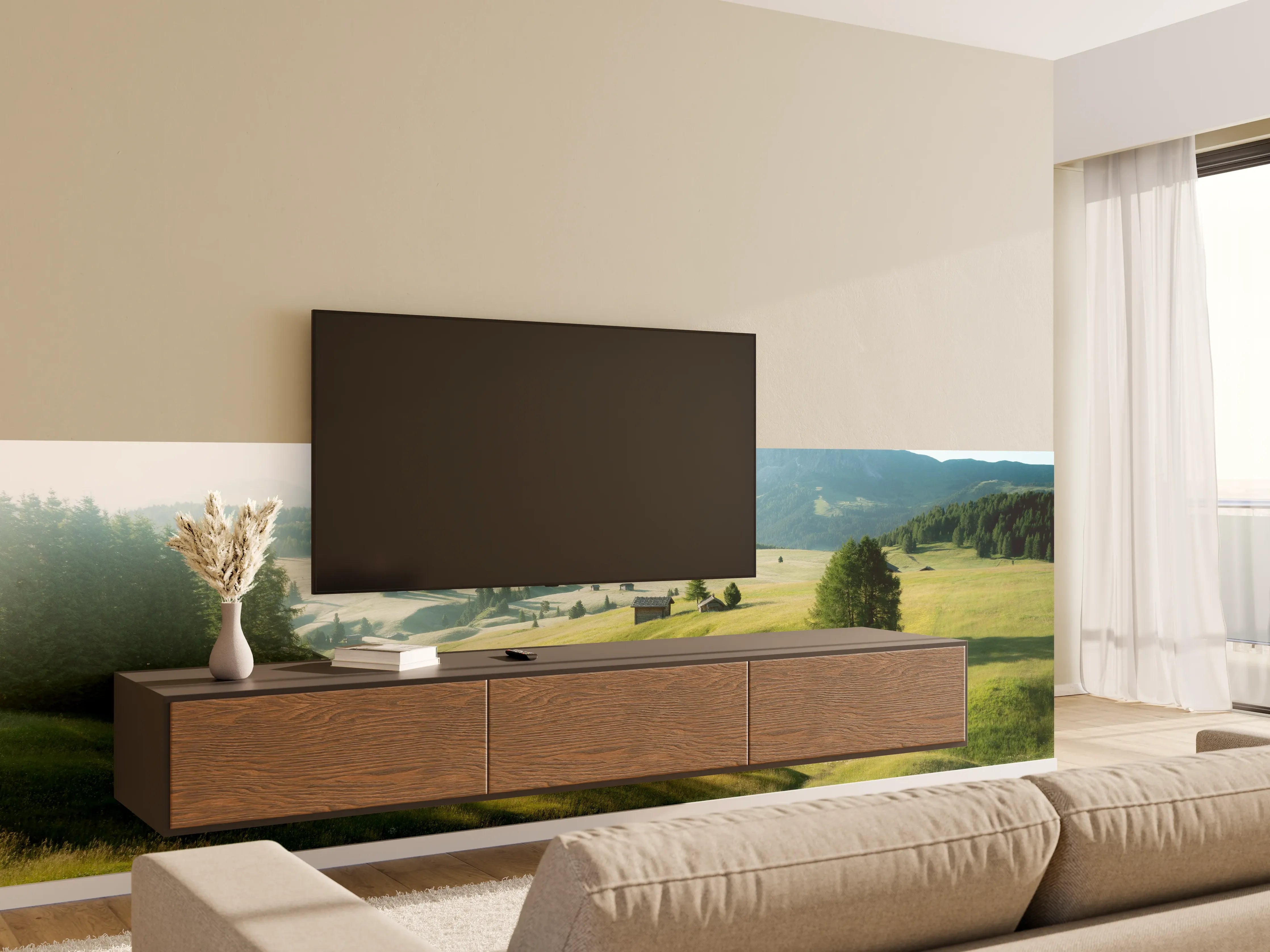 Wandverkleidung Wohnzimmer - Idyllische Landschaft mit Bergen und Wiesen