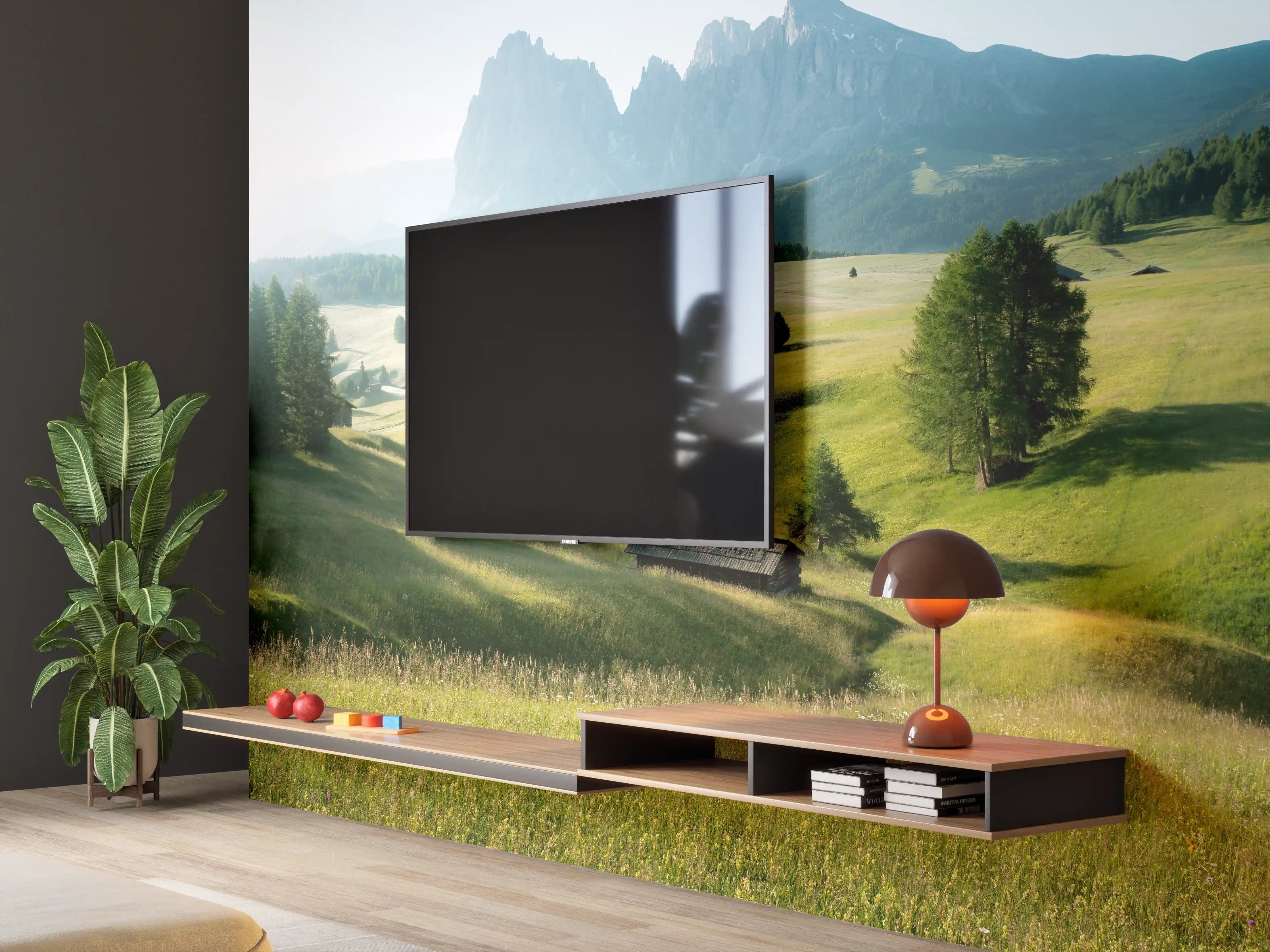 Wandverkleidung Wohnzimmer - Idyllische Landschaft mit Bergen und Wiesen
