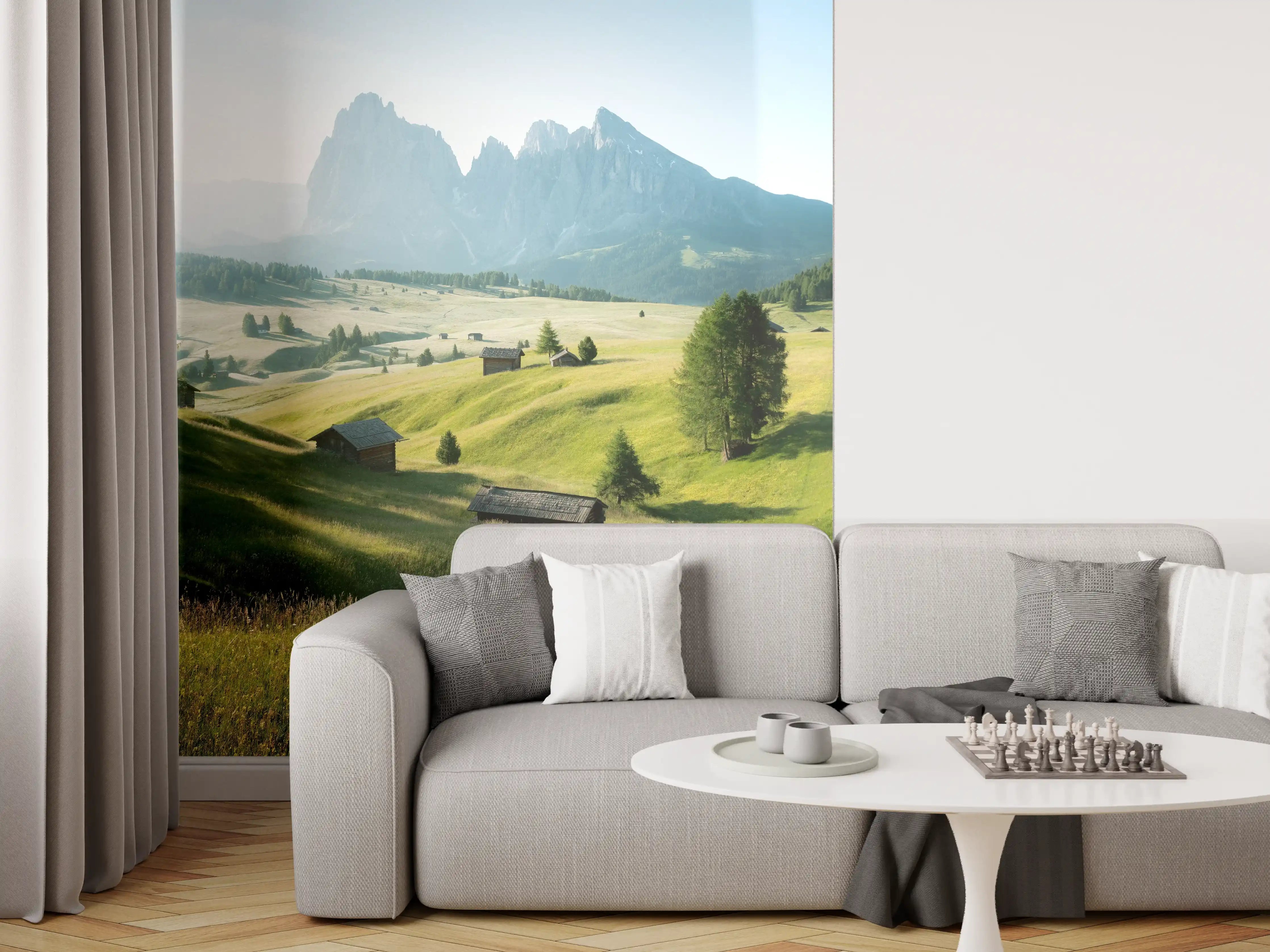 Wandverkleidung Wohnzimmer - Idyllische Landschaft mit Bergen und Wiesen