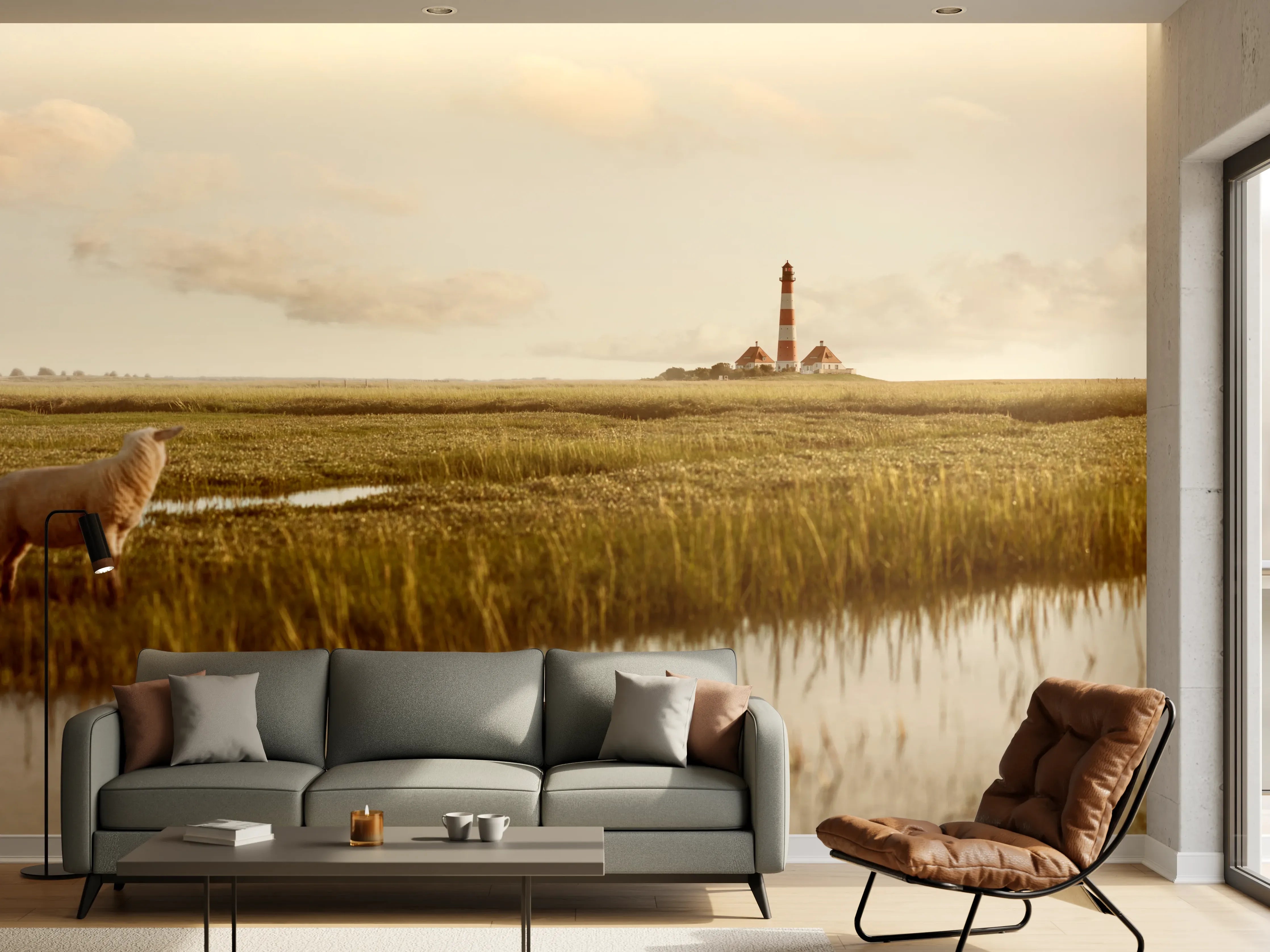 Wandverkleidung Wohnzimmer - Idyllische Landschaft mit Leuchtturm und Schafen