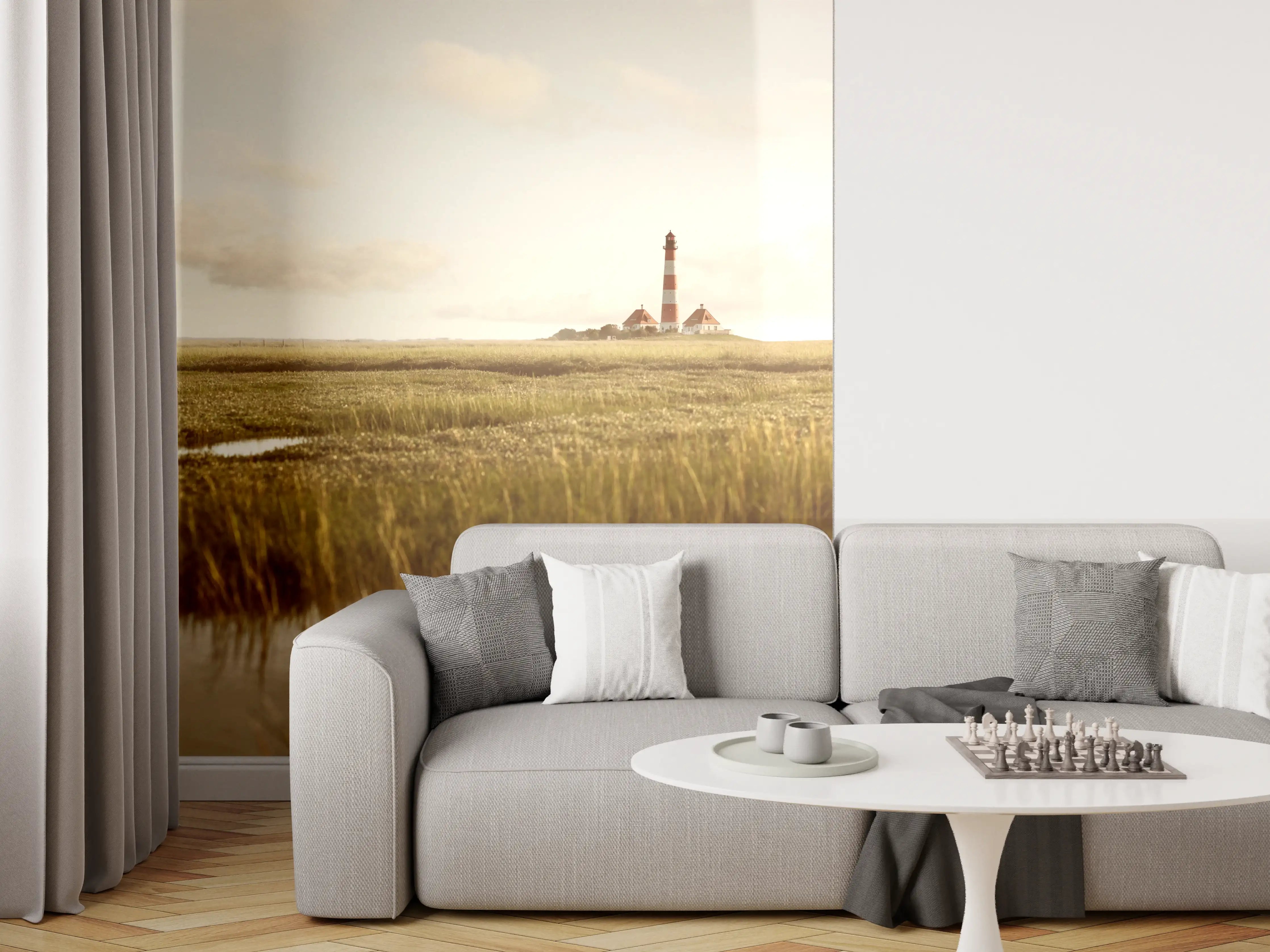 Wandverkleidung Wohnzimmer - Idyllische Landschaft mit Leuchtturm und Schafen