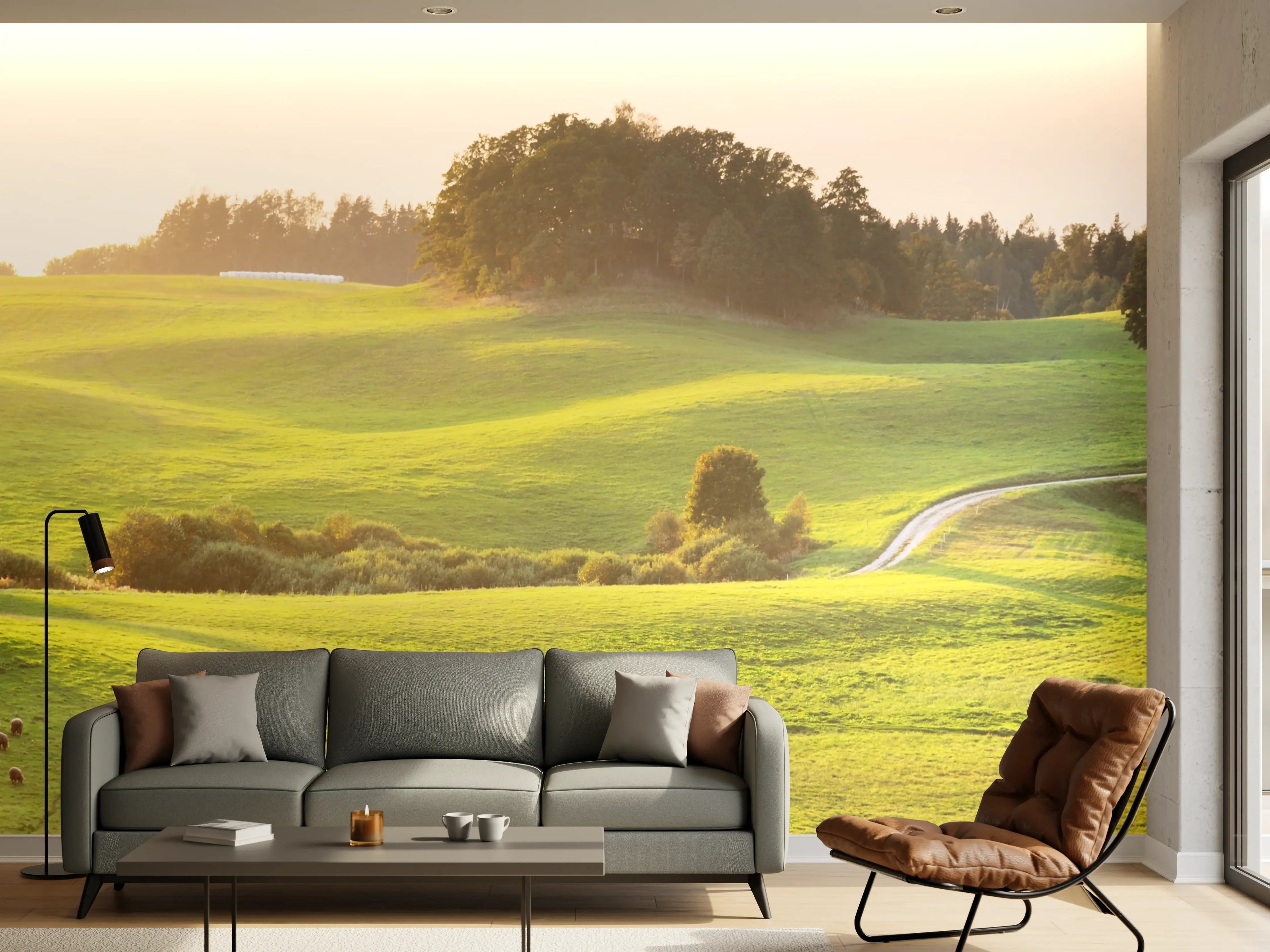 Wandverkleidung Wohnzimmer - Idyllische Landschaft mit Weide und Hügeln