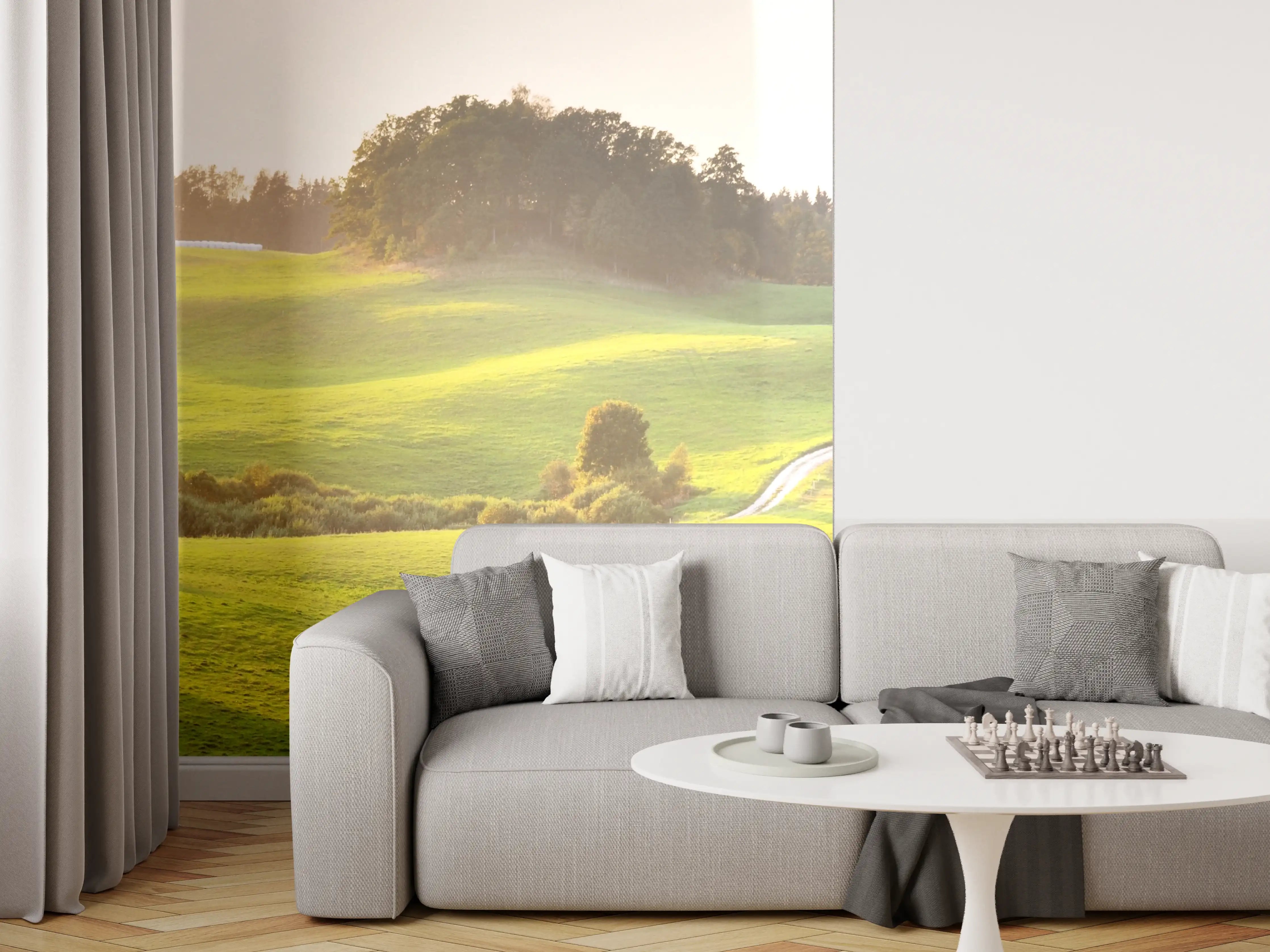 Wandverkleidung Wohnzimmer - Idyllische Landschaft mit Weide und Hügeln