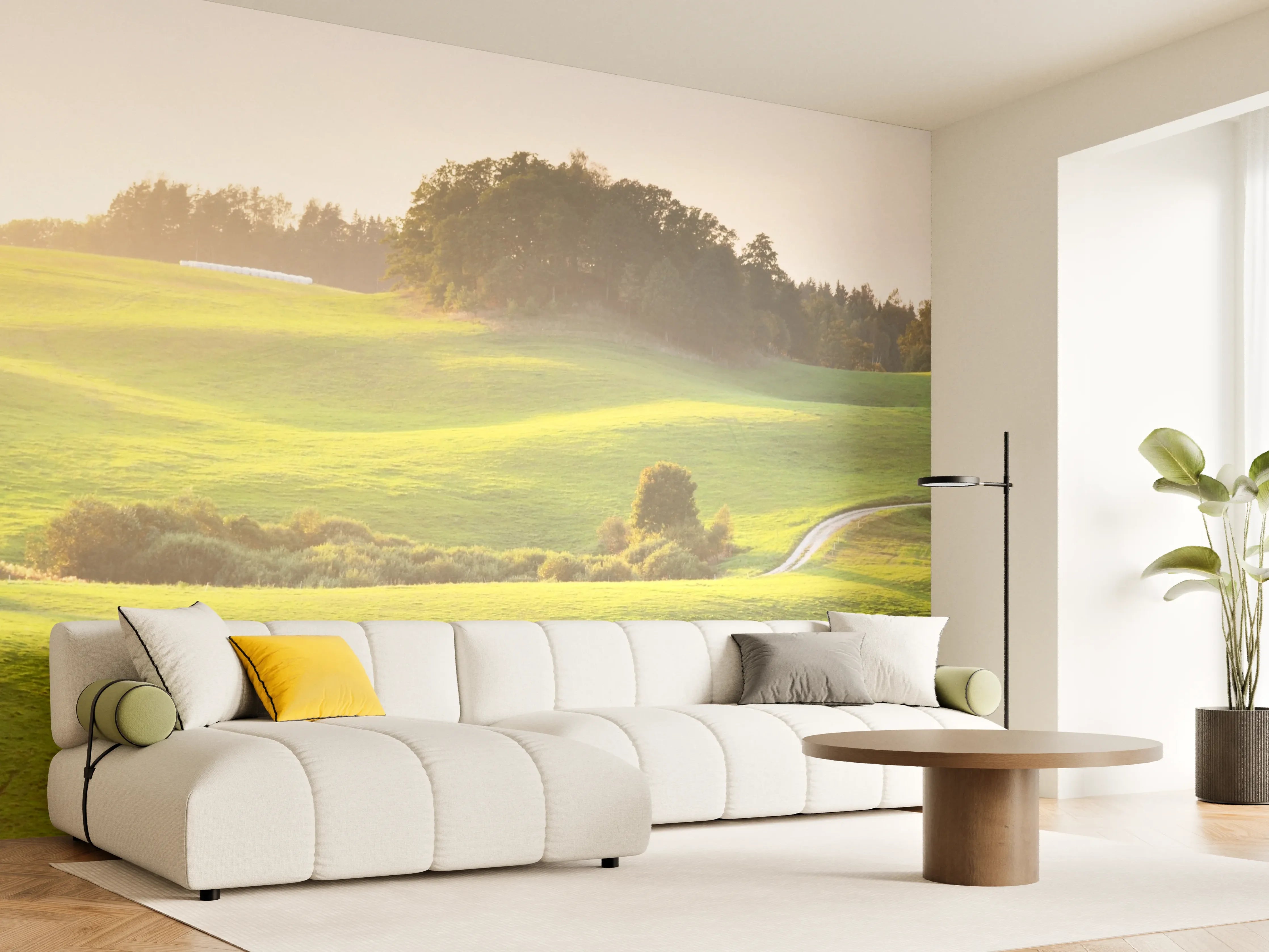 Wandverkleidung Wohnzimmer - Idyllische Landschaft mit Weide und Hügeln