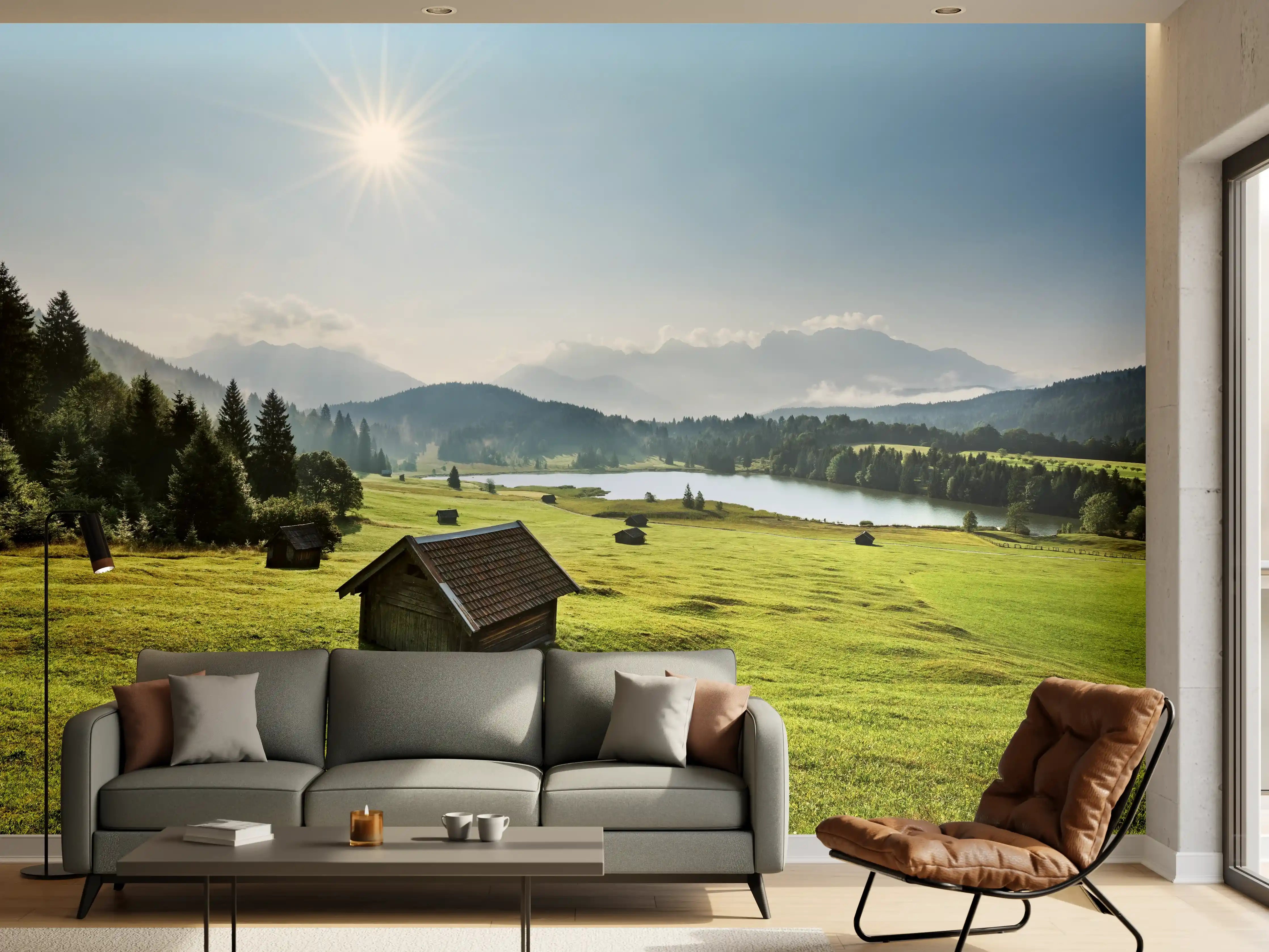 Wandverkleidung Wohnzimmer - Idyllische Landschaft mit einer Hütte und Fluss