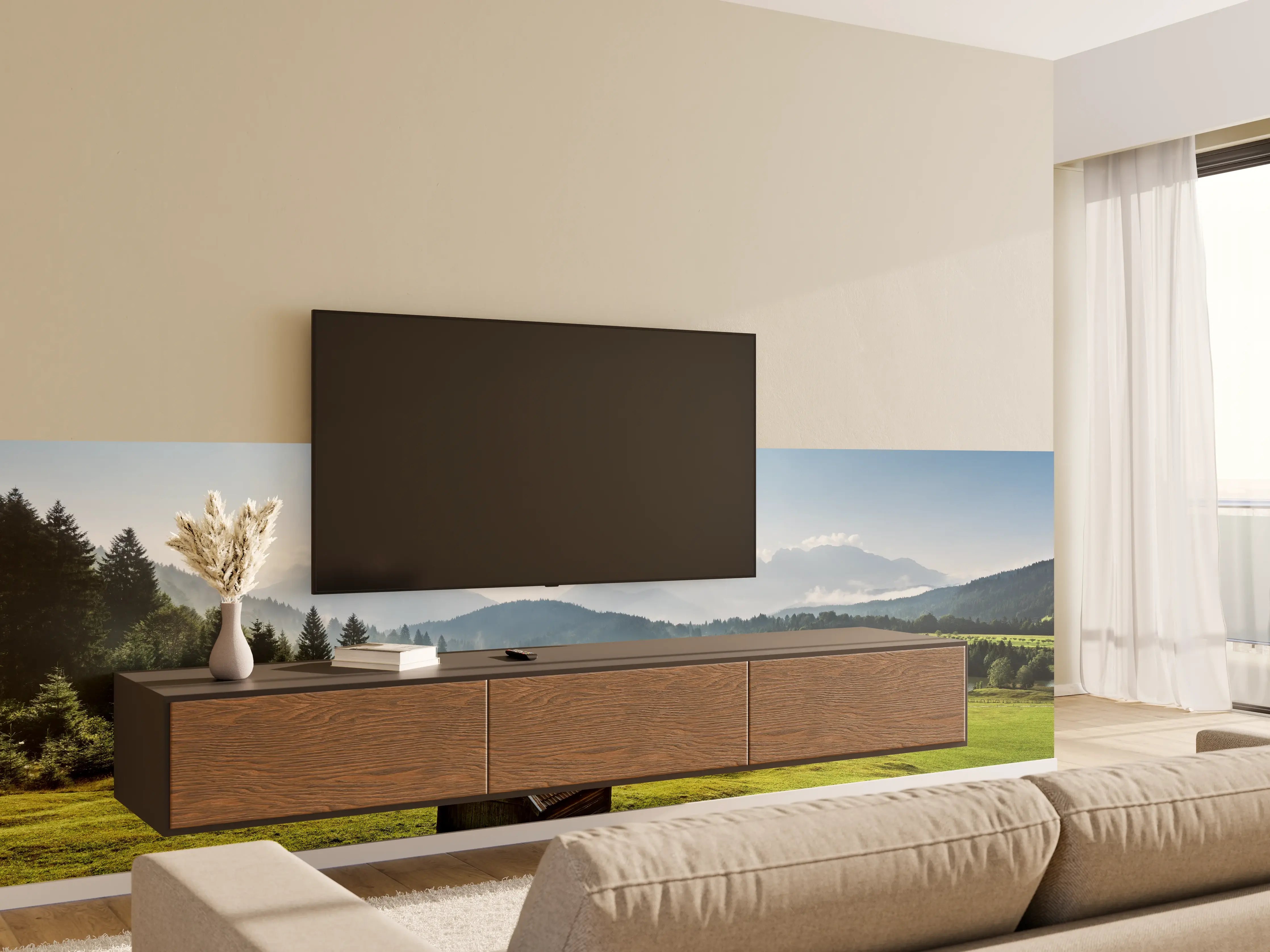 Wandverkleidung Wohnzimmer - Idyllische Landschaft mit einer Hütte und Fluss