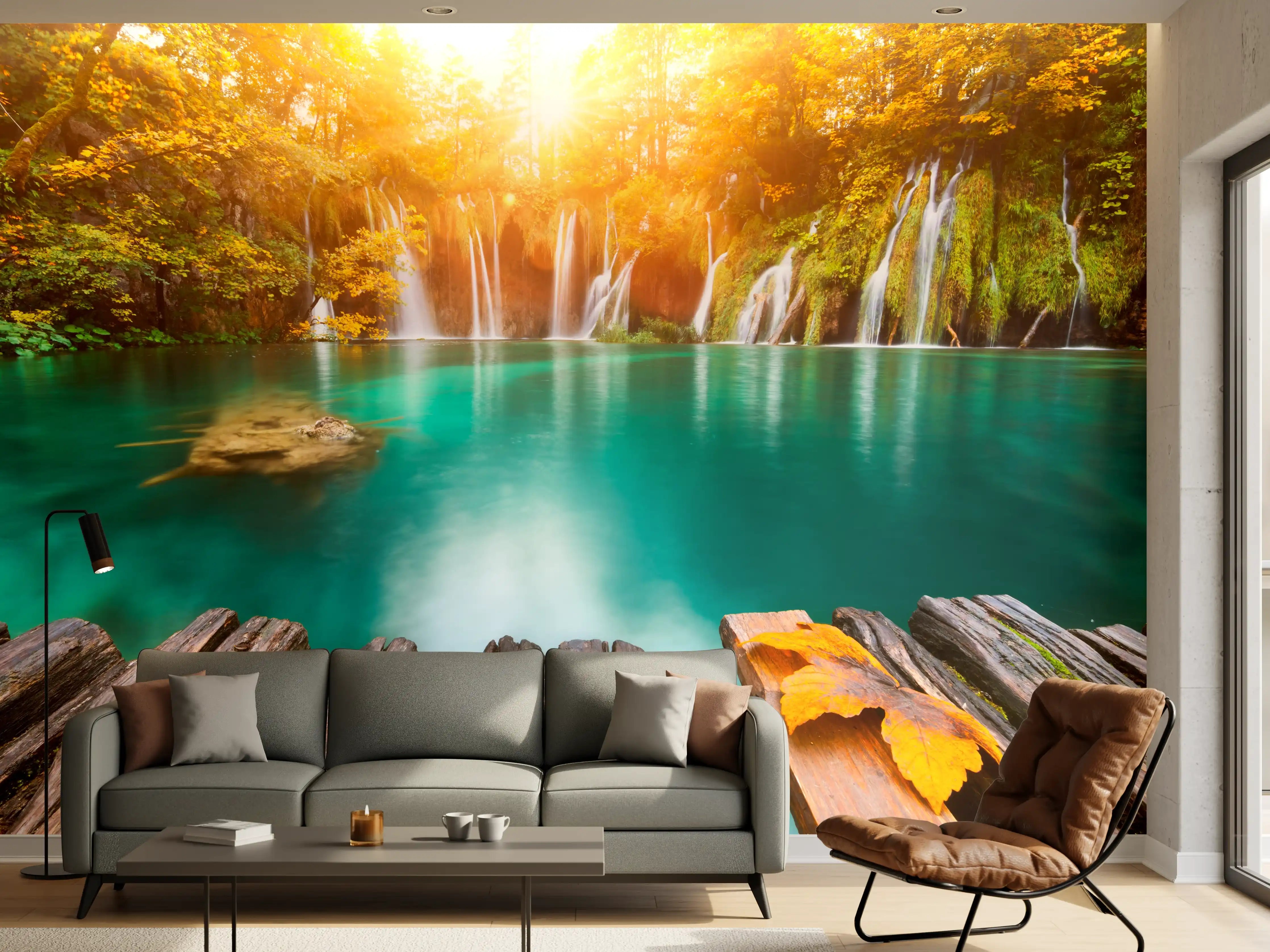 Wandverkleidung Wohnzimmer - Idyllische Naturlandschaft mit Wasserfall und Herbstlaub
