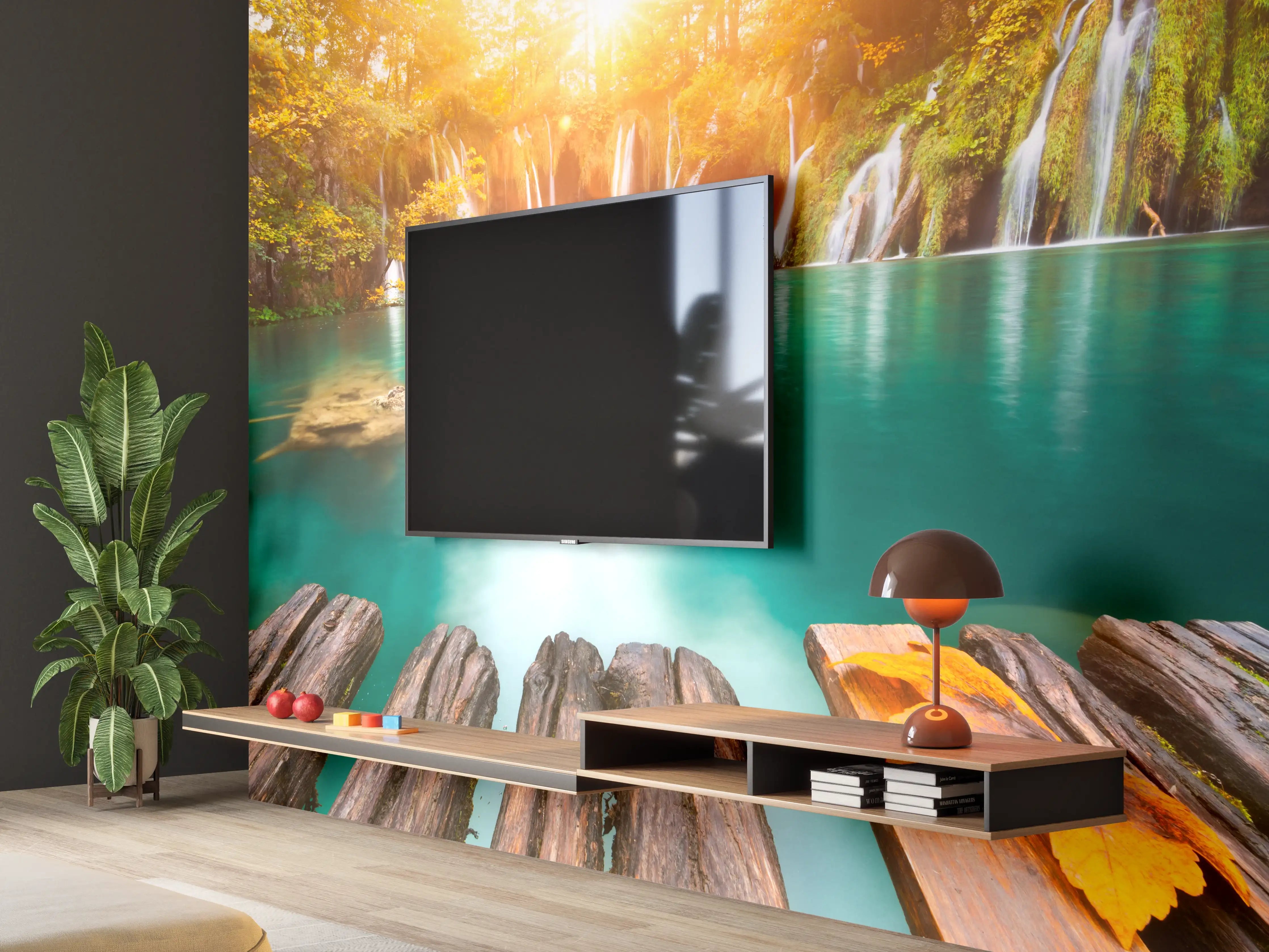 Wandverkleidung Wohnzimmer - Idyllische Naturlandschaft mit Wasserfall und Herbstlaub