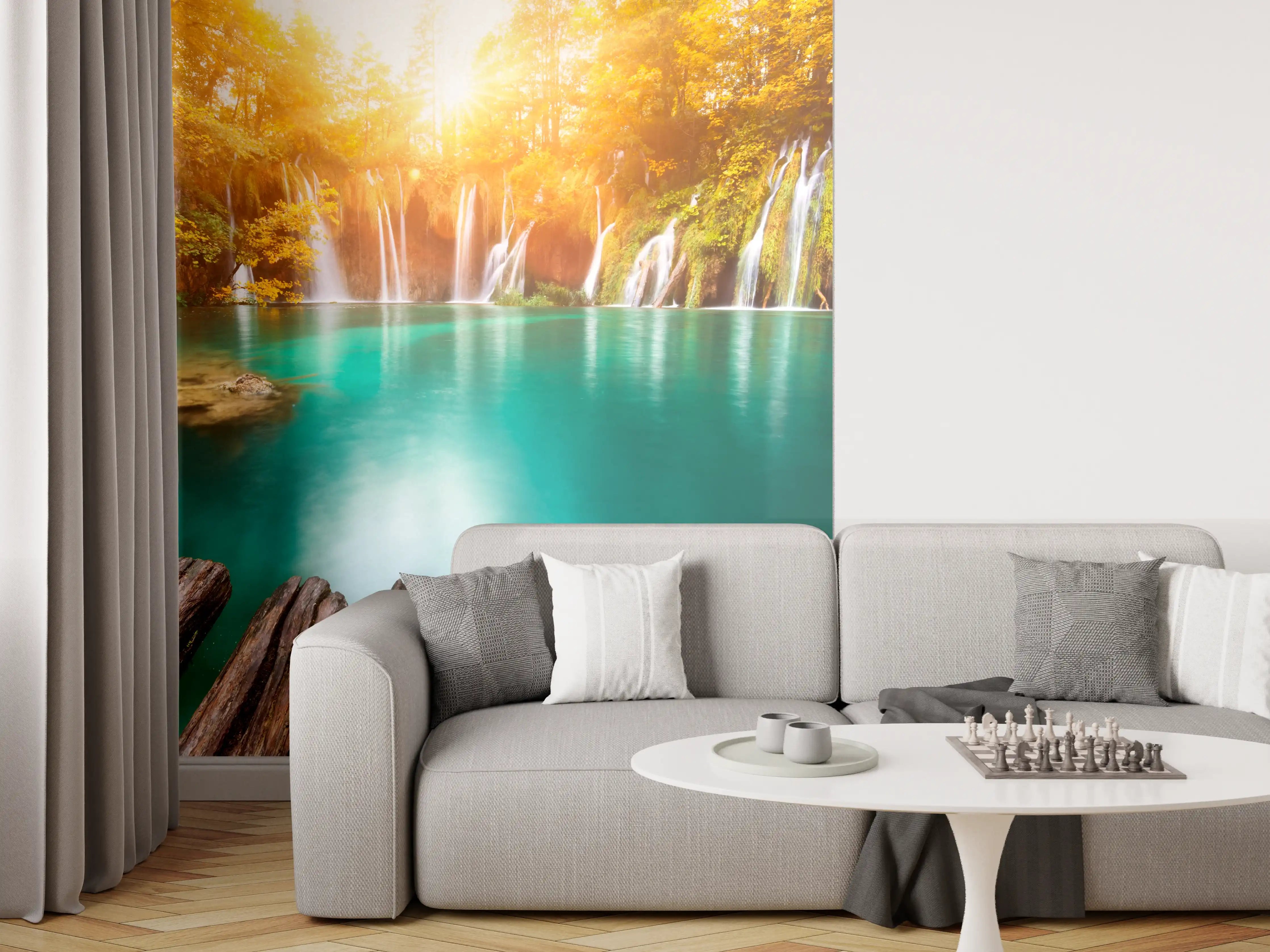 Wandverkleidung Wohnzimmer - Idyllische Naturlandschaft mit Wasserfall und Herbstlaub