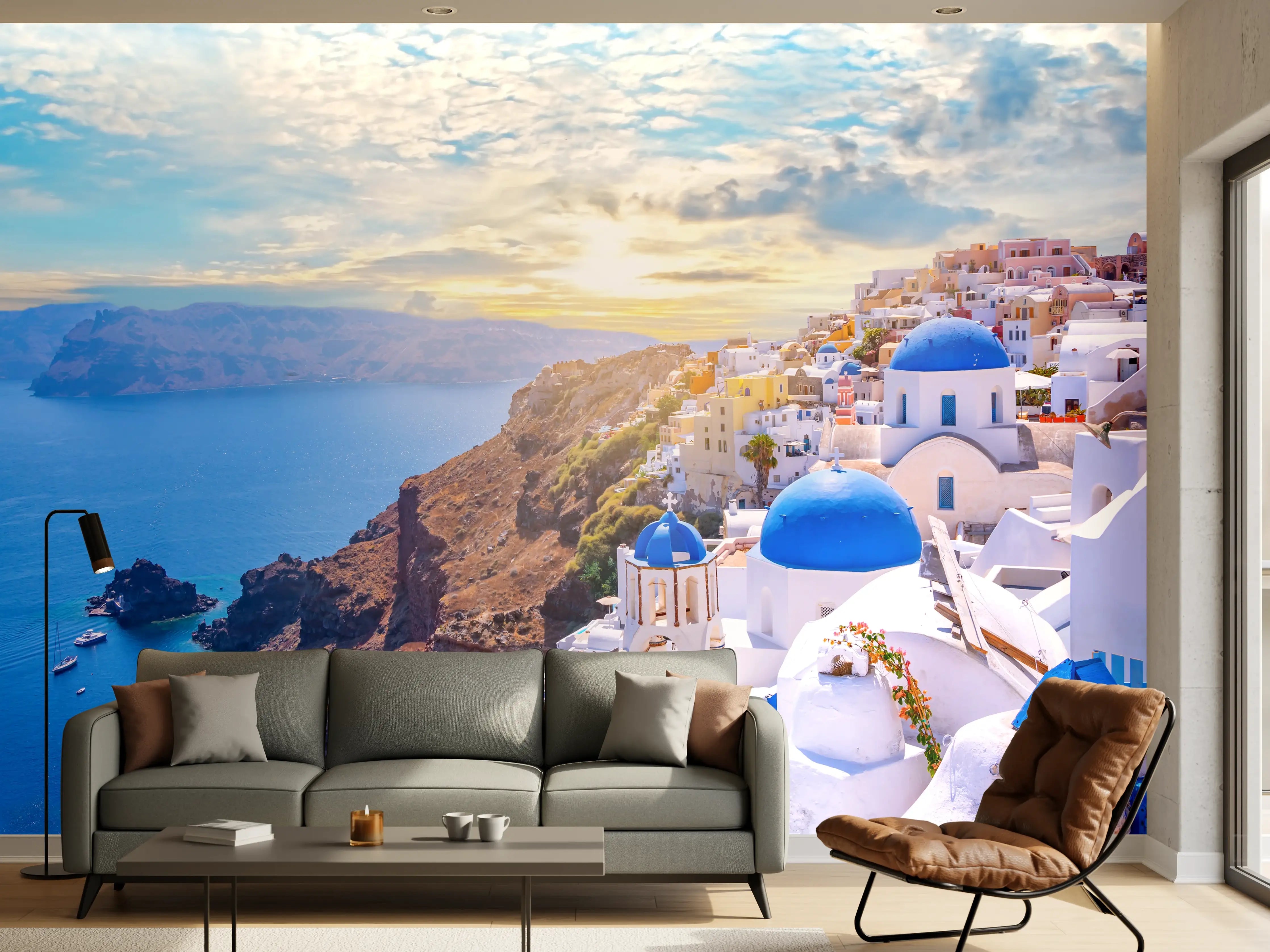 Wandverkleidung Wohnzimmer - Idyllische Santorini Küstenansicht bei Sonnenuntergang