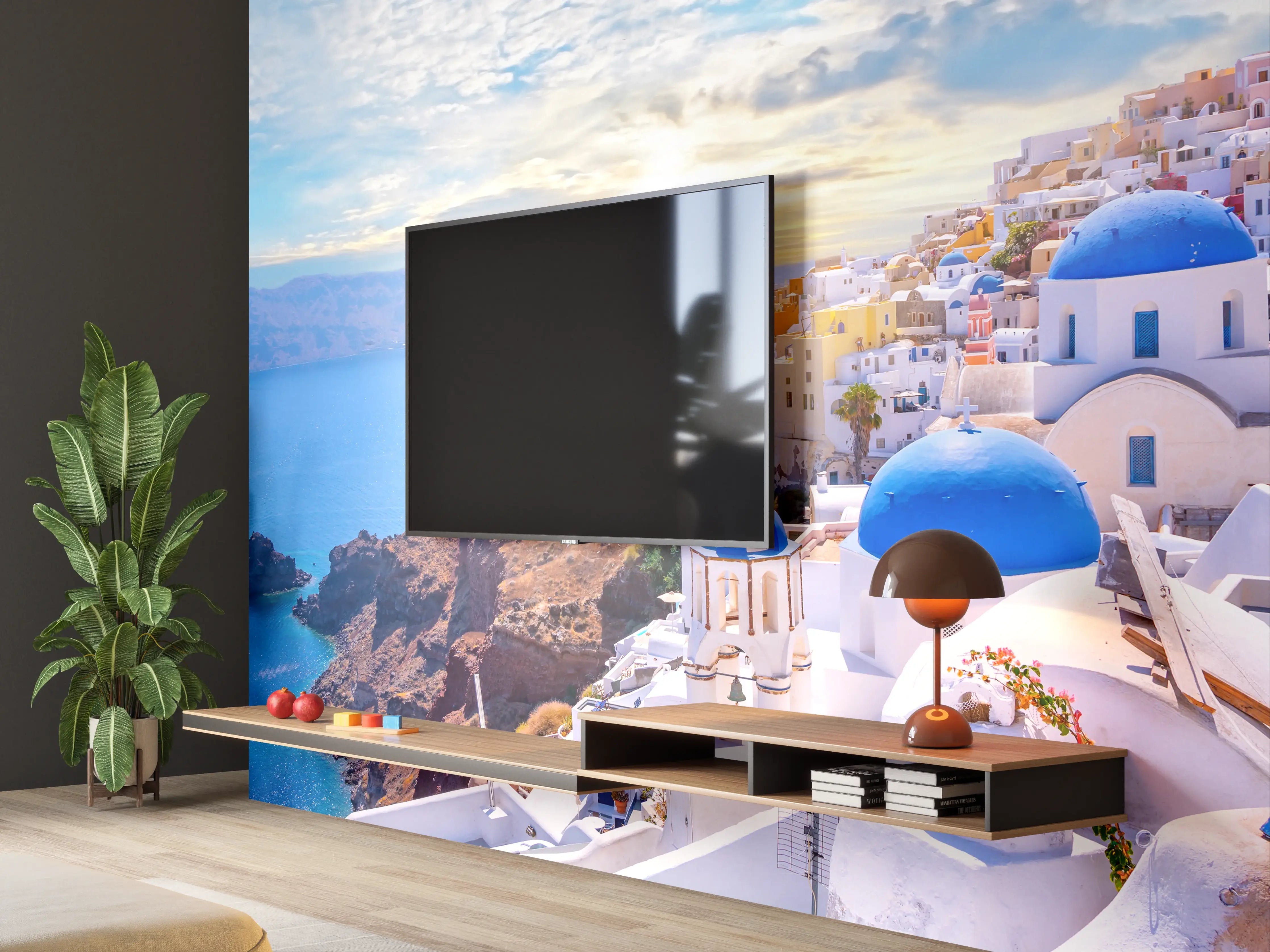 Wandverkleidung Wohnzimmer - Idyllische Santorini Küstenansicht bei Sonnenuntergang