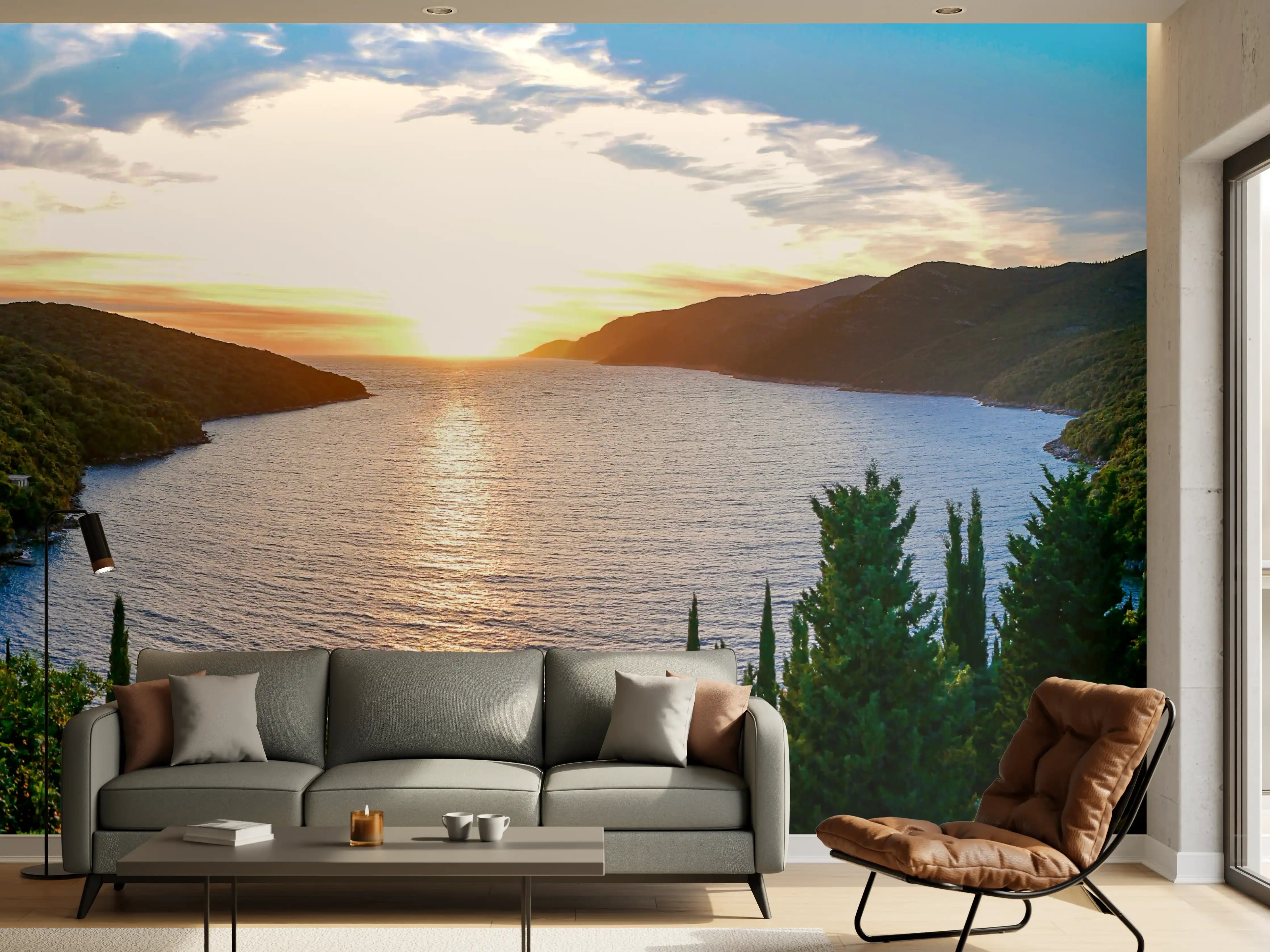 Wandverkleidung Wohnzimmer - Idyllische Seenlandschaft bei Sonnenuntergang