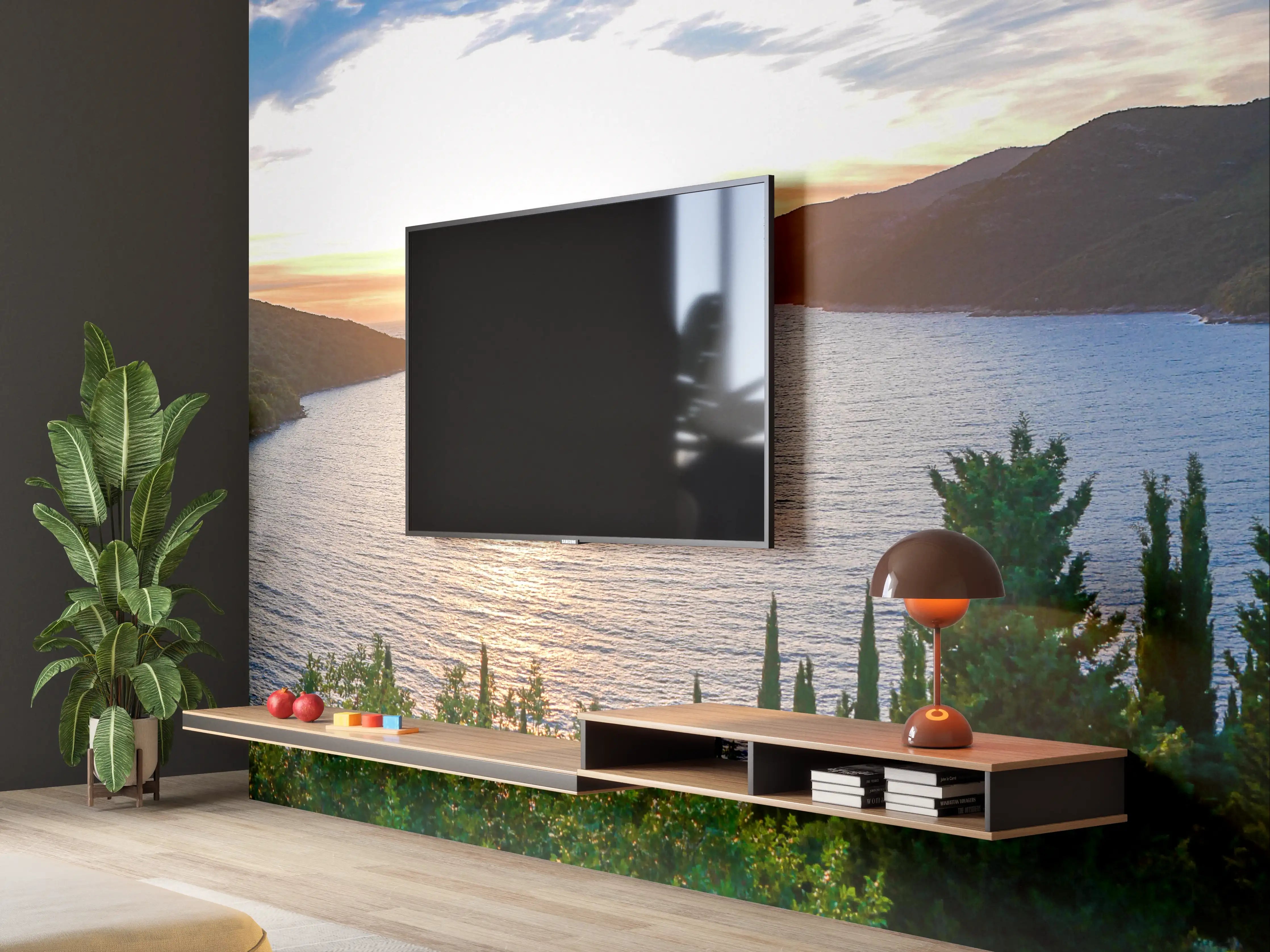 Wandverkleidung Wohnzimmer - Idyllische Seenlandschaft bei Sonnenuntergang
