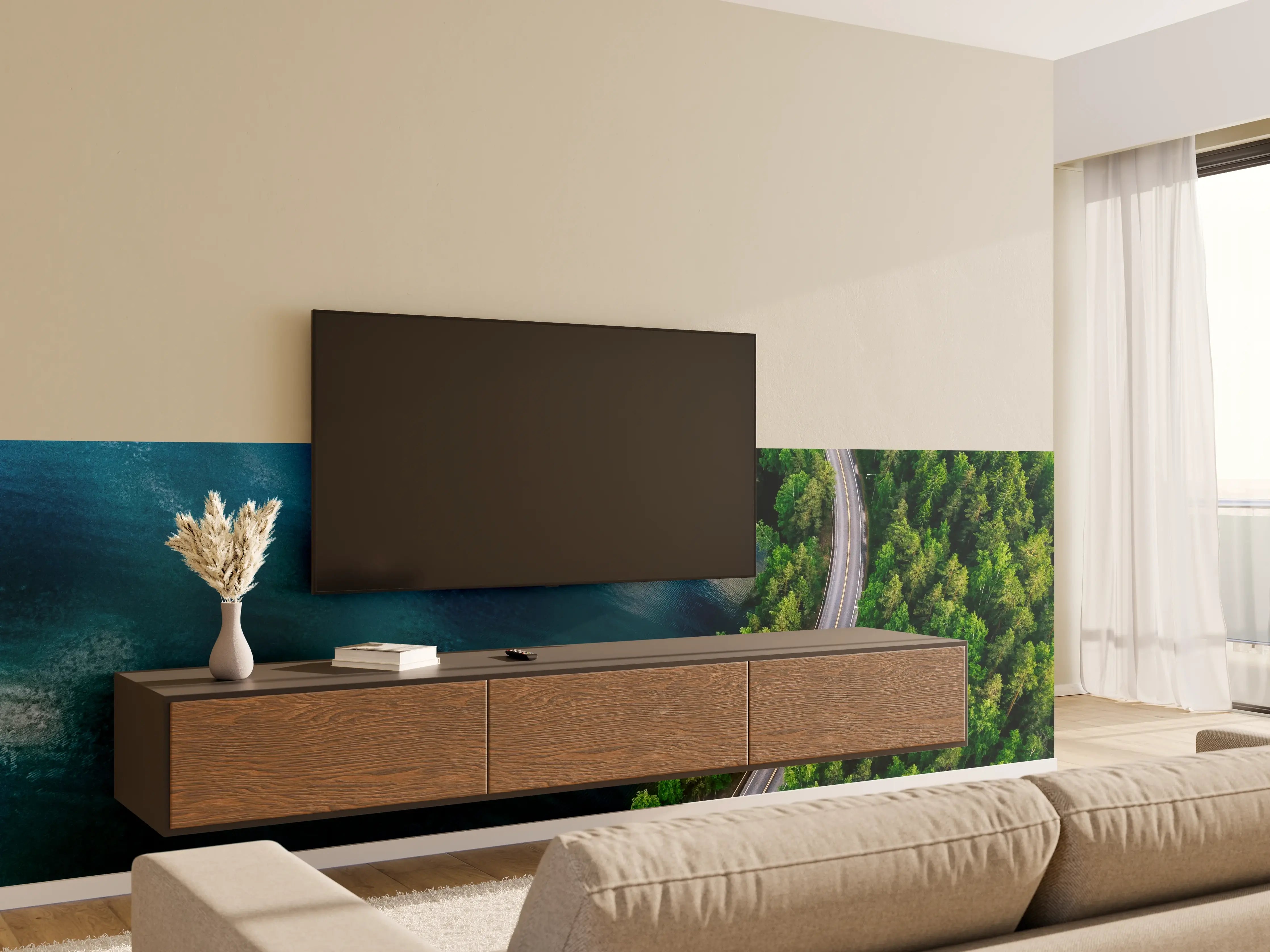 Wandverkleidung Wohnzimmer - Idyllische Seenlandschaft mit Wald und schönem Himmel