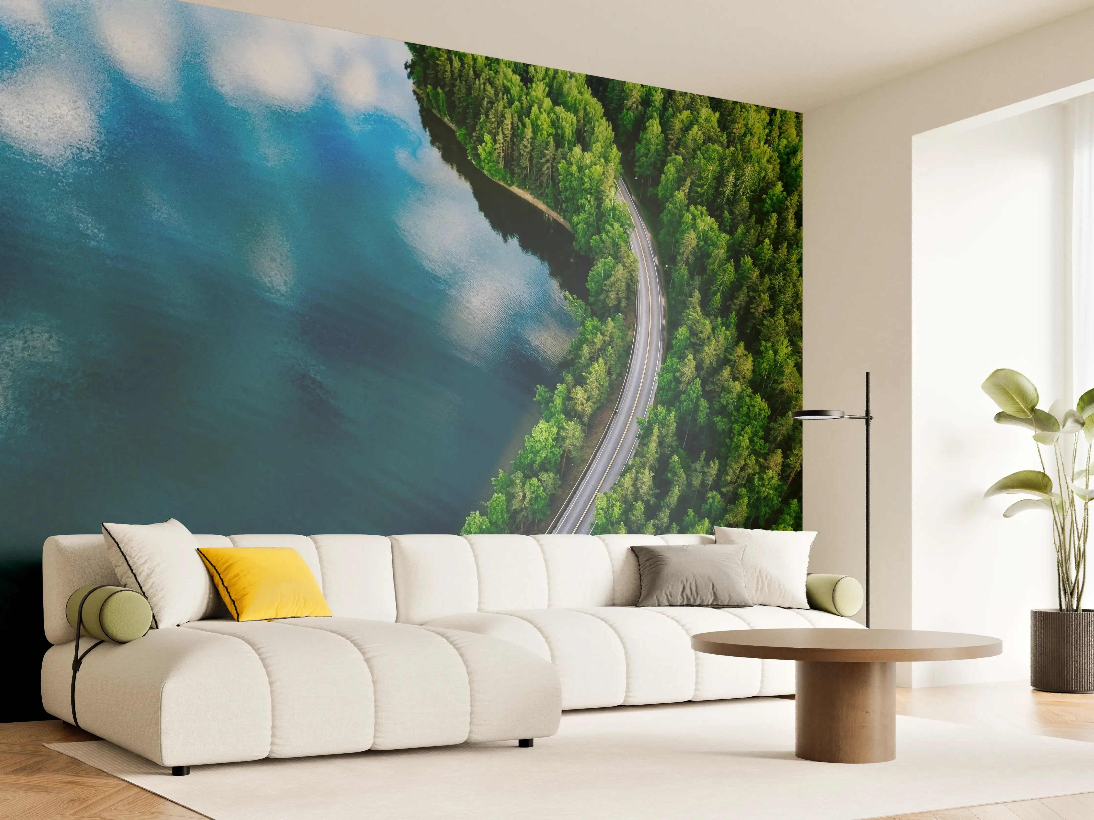 Wandverkleidung Wohnzimmer - Idyllische Seenlandschaft mit Wald und schönem Himmel