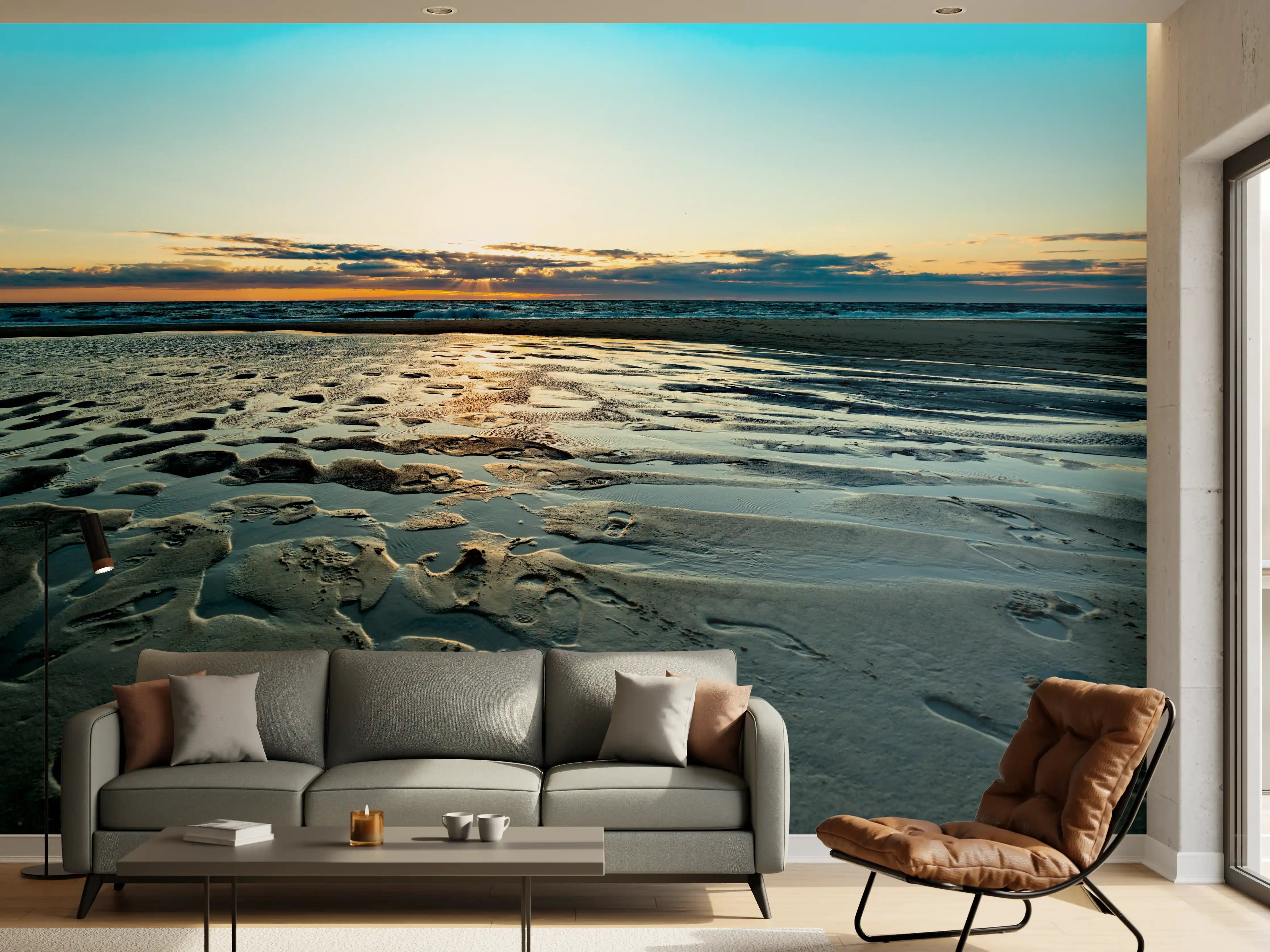 Wandverkleidung Wohnzimmer - Idyllische Strandlandschaft bei Sonnenuntergang
