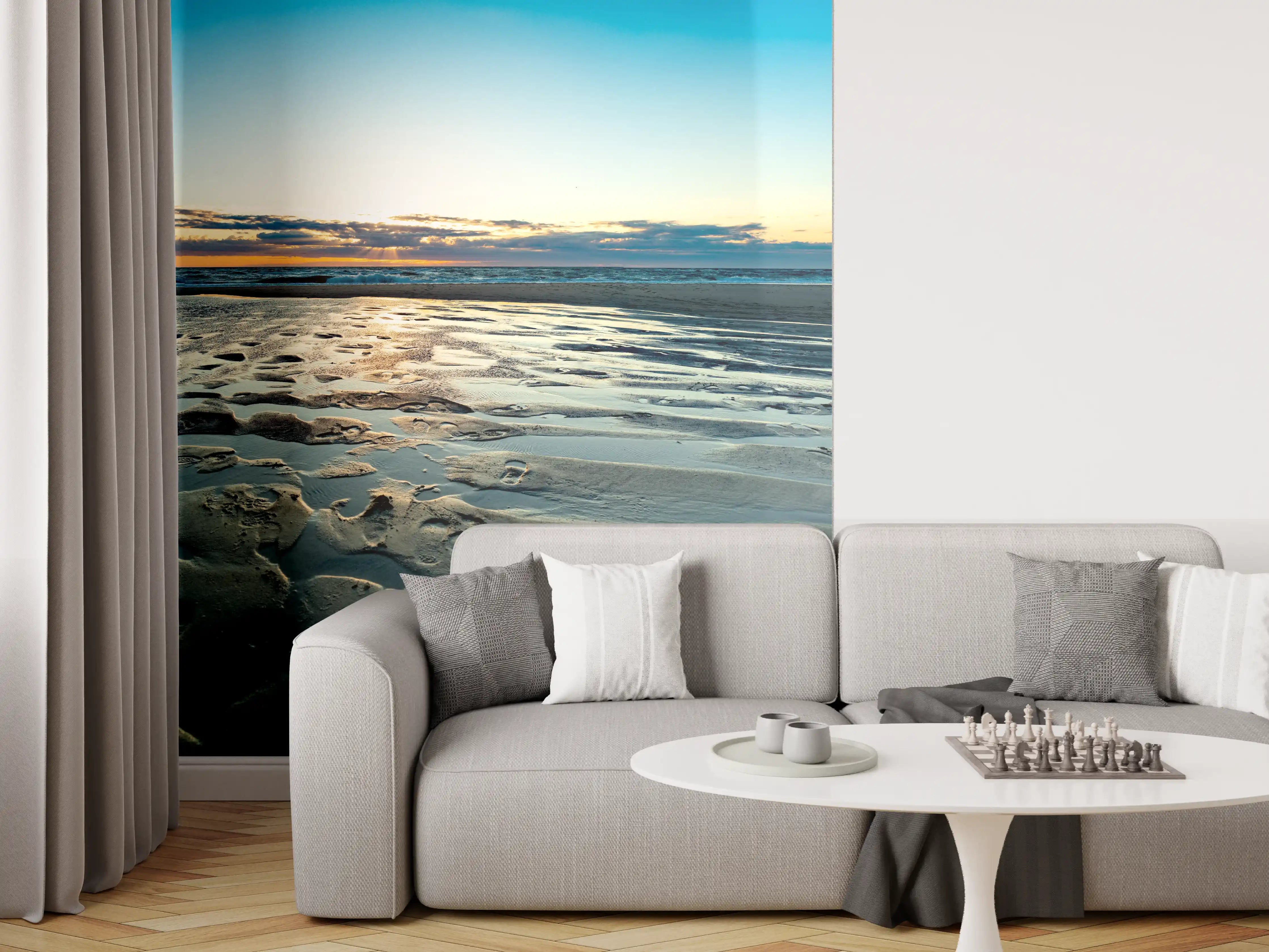 Wandverkleidung Wohnzimmer - Idyllische Strandlandschaft bei Sonnenuntergang