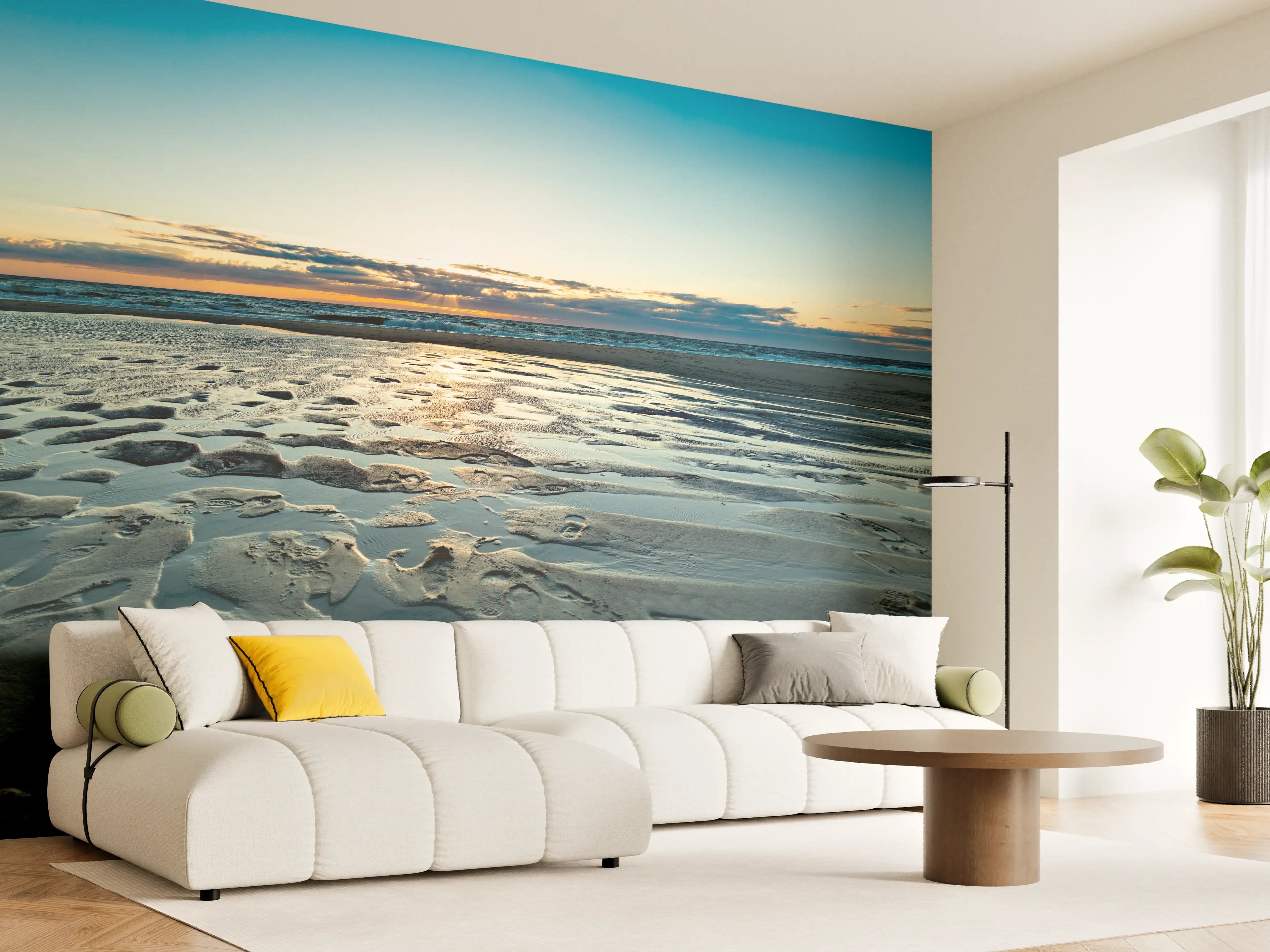 Wandverkleidung Wohnzimmer - Idyllische Strandlandschaft bei Sonnenuntergang