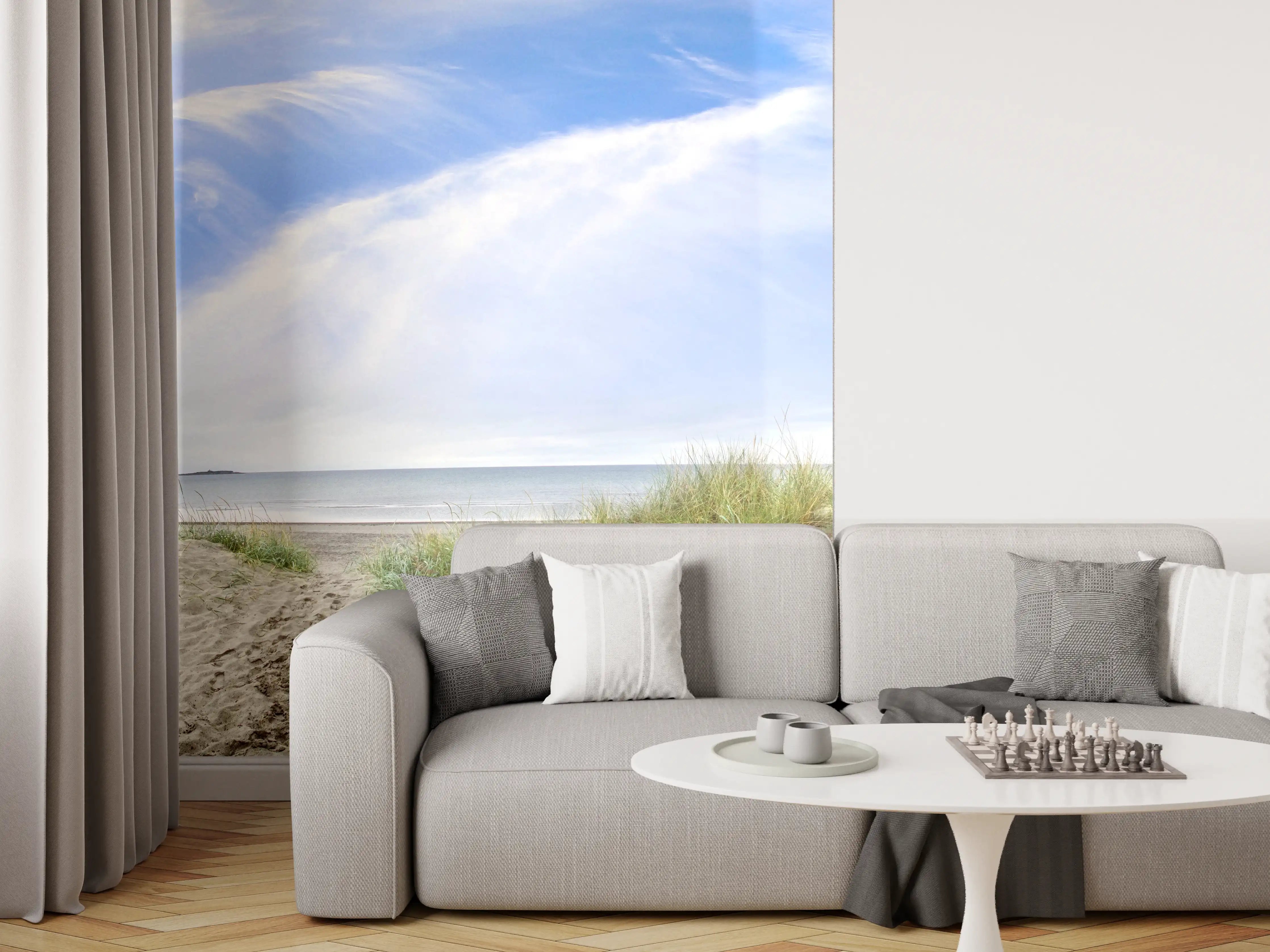 Wandverkleidung Wohnzimmer - Idyllische Strandlandschaft mit Himmel und Meer
