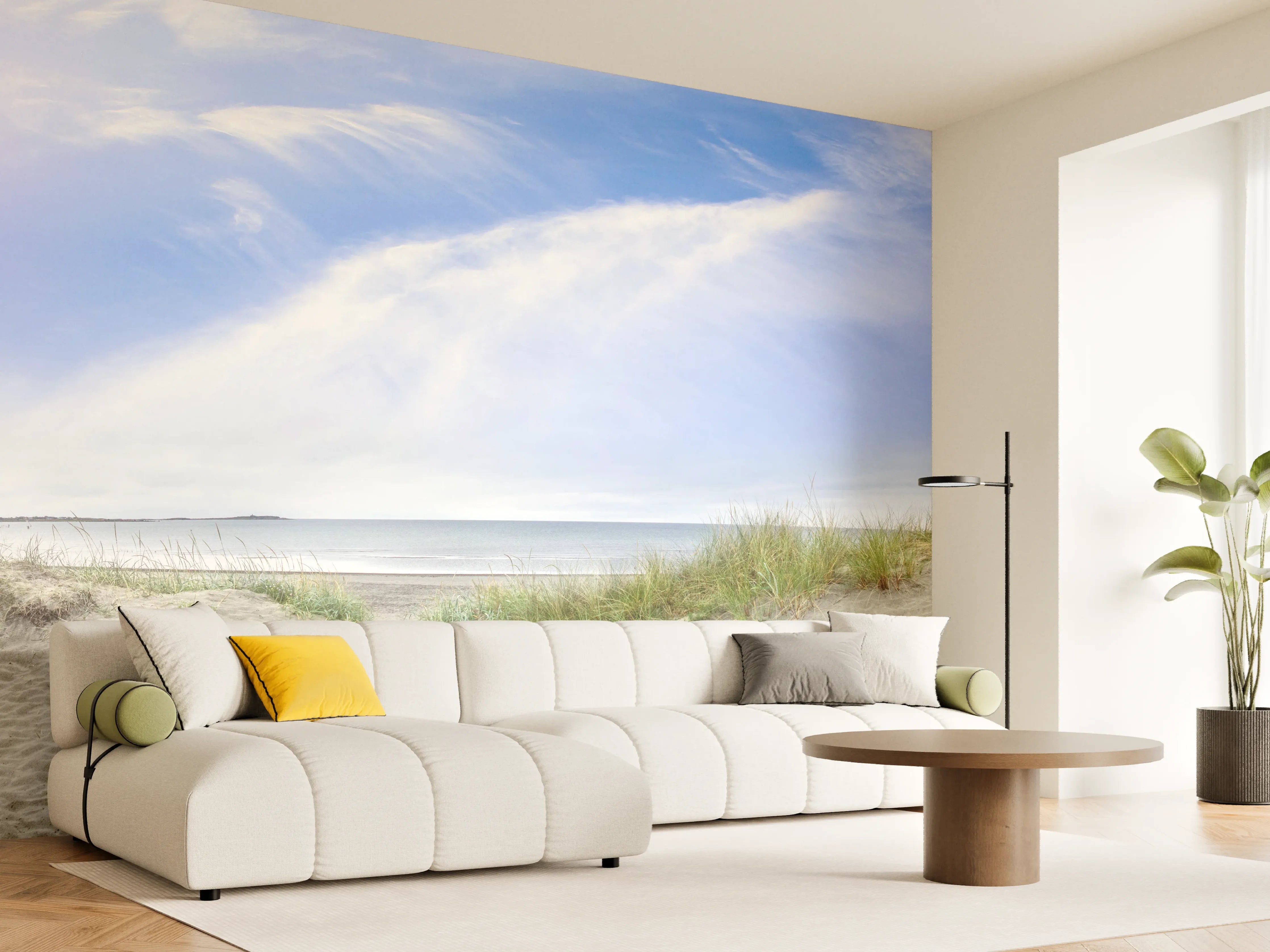 Wandverkleidung Wohnzimmer - Idyllische Strandlandschaft mit Himmel und Meer