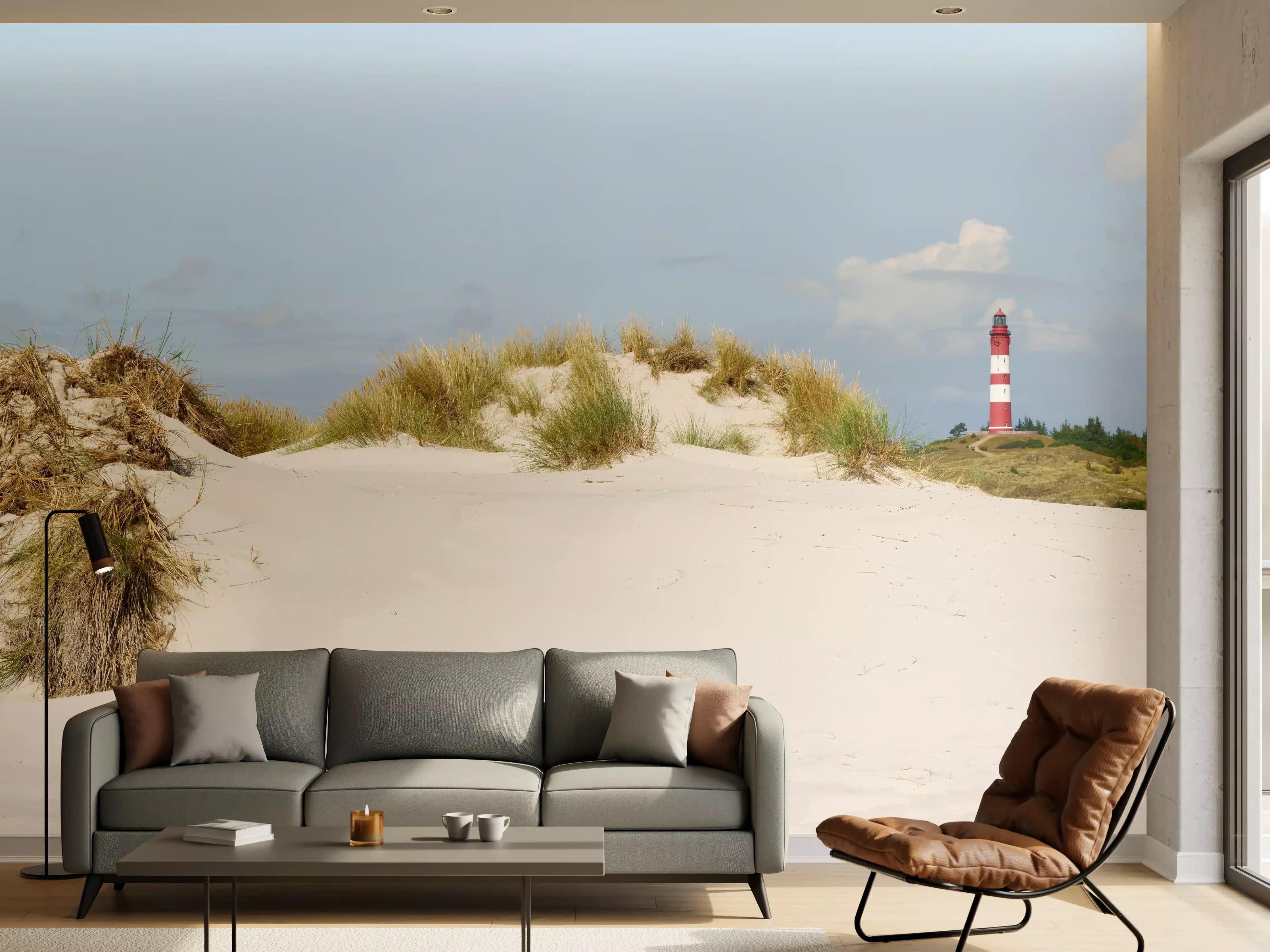 Wandverkleidung Wohnzimmer - Idyllische Strandlandschaft mit Leuchtturm