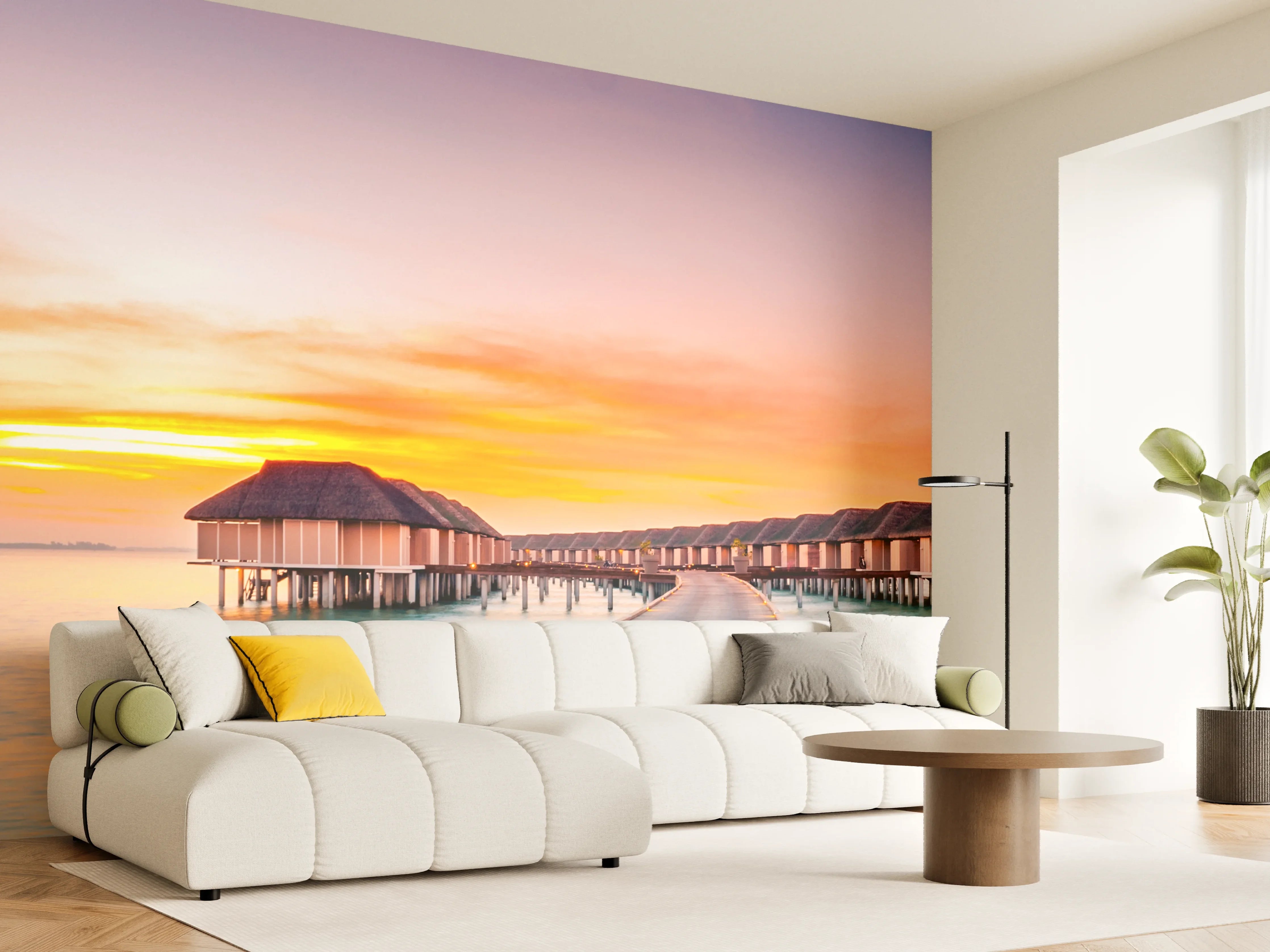 Wandverkleidung Wohnzimmer - Idyllische Strandpromenade bei Sonnenuntergang