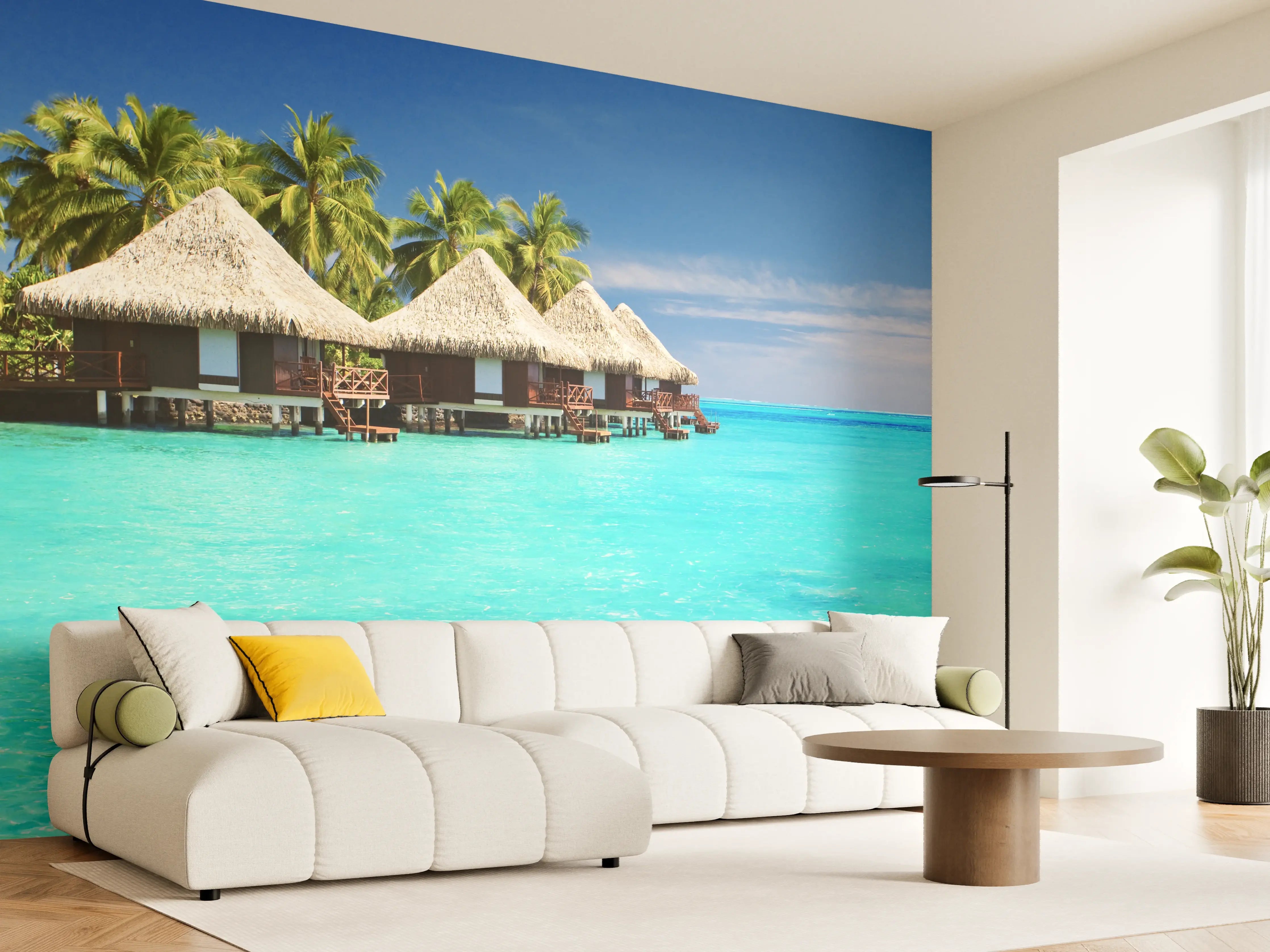 Wandverkleidung Wohnzimmer - Idyllische Überwasserbungalows am tropischen Strand