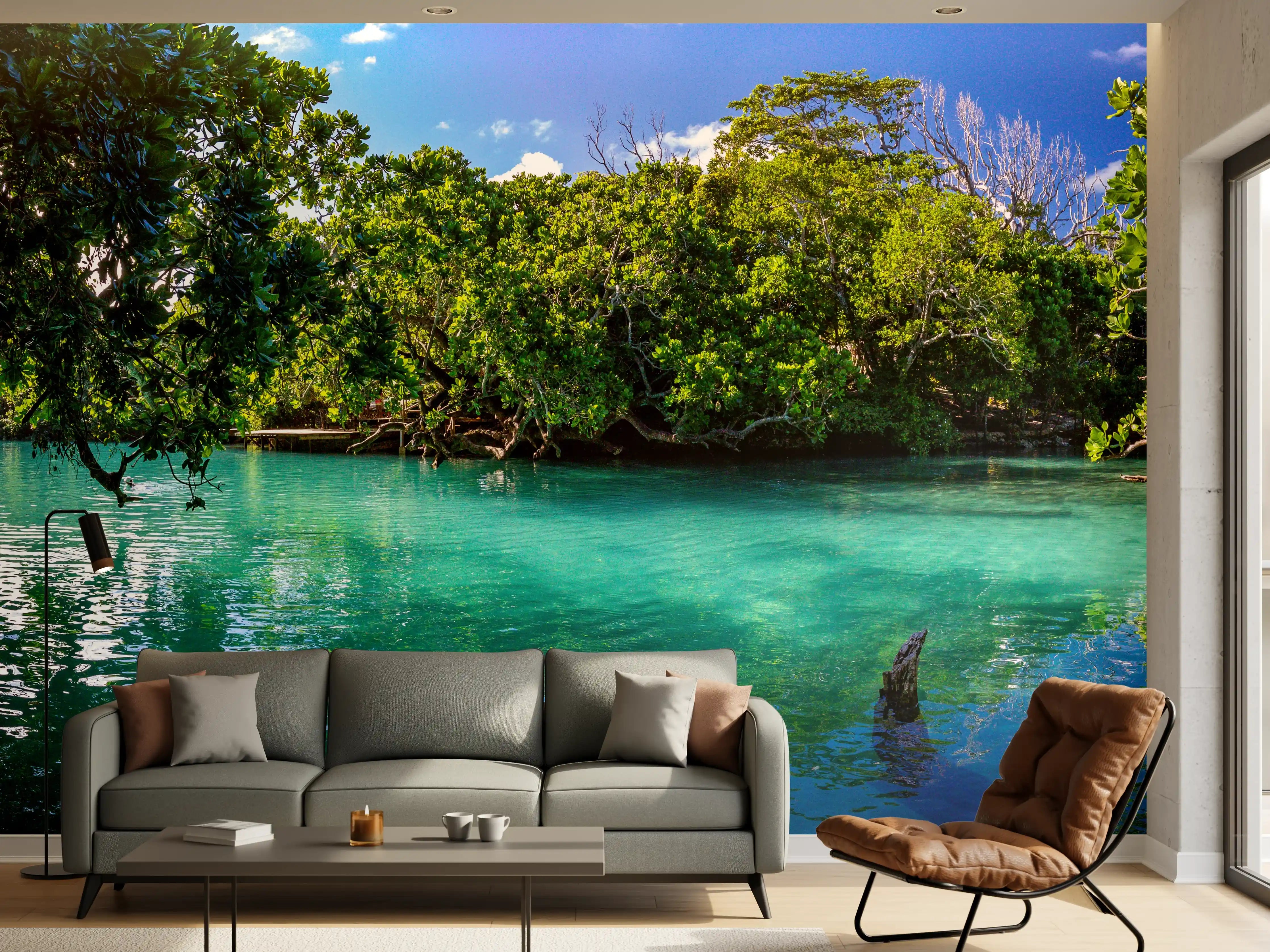 Wandverkleidung Wohnzimmer - Idyllische Wasserlandschaft inmitten von Natur
