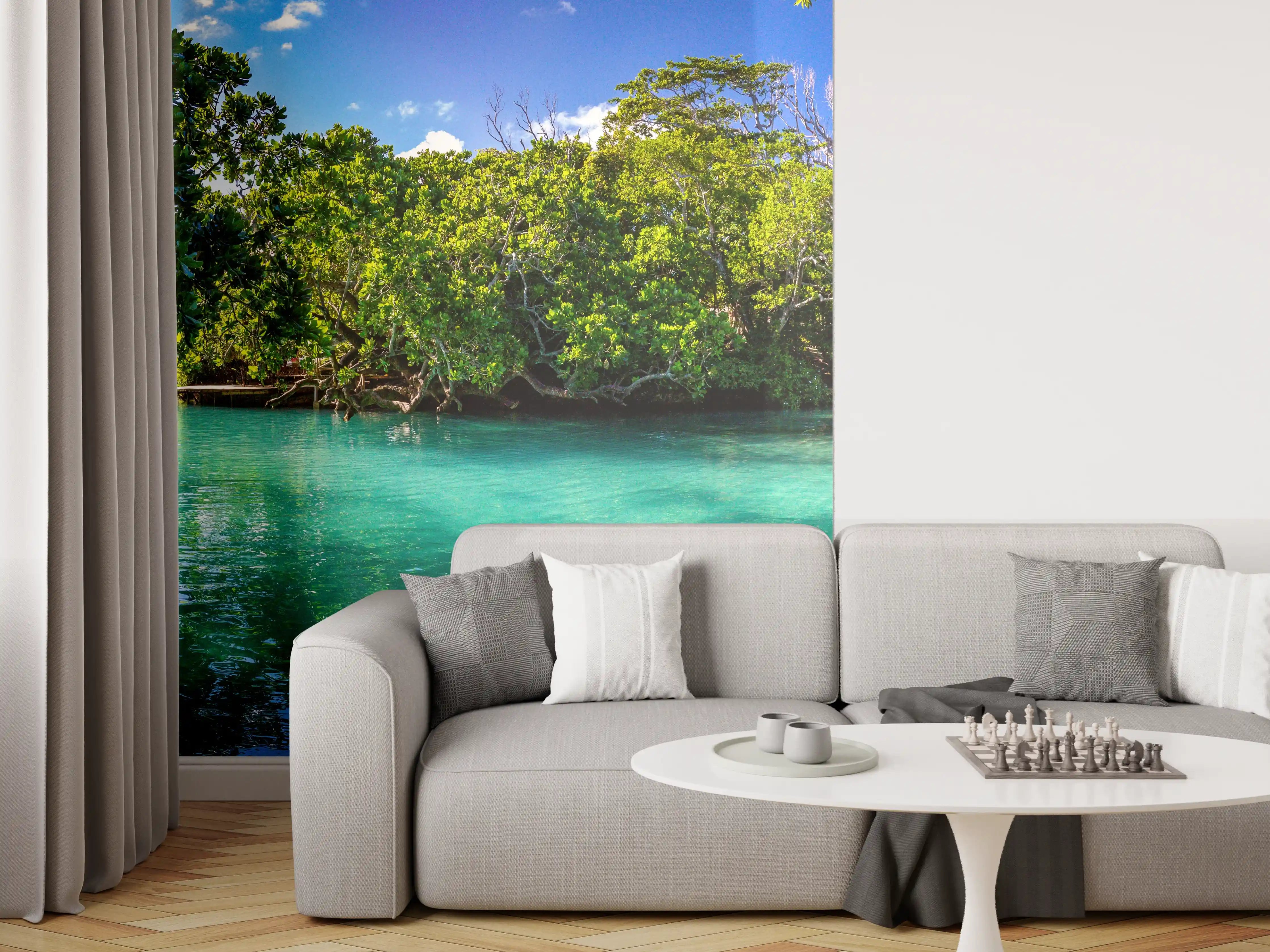Wandverkleidung Wohnzimmer - Idyllische Wasserlandschaft inmitten von Natur