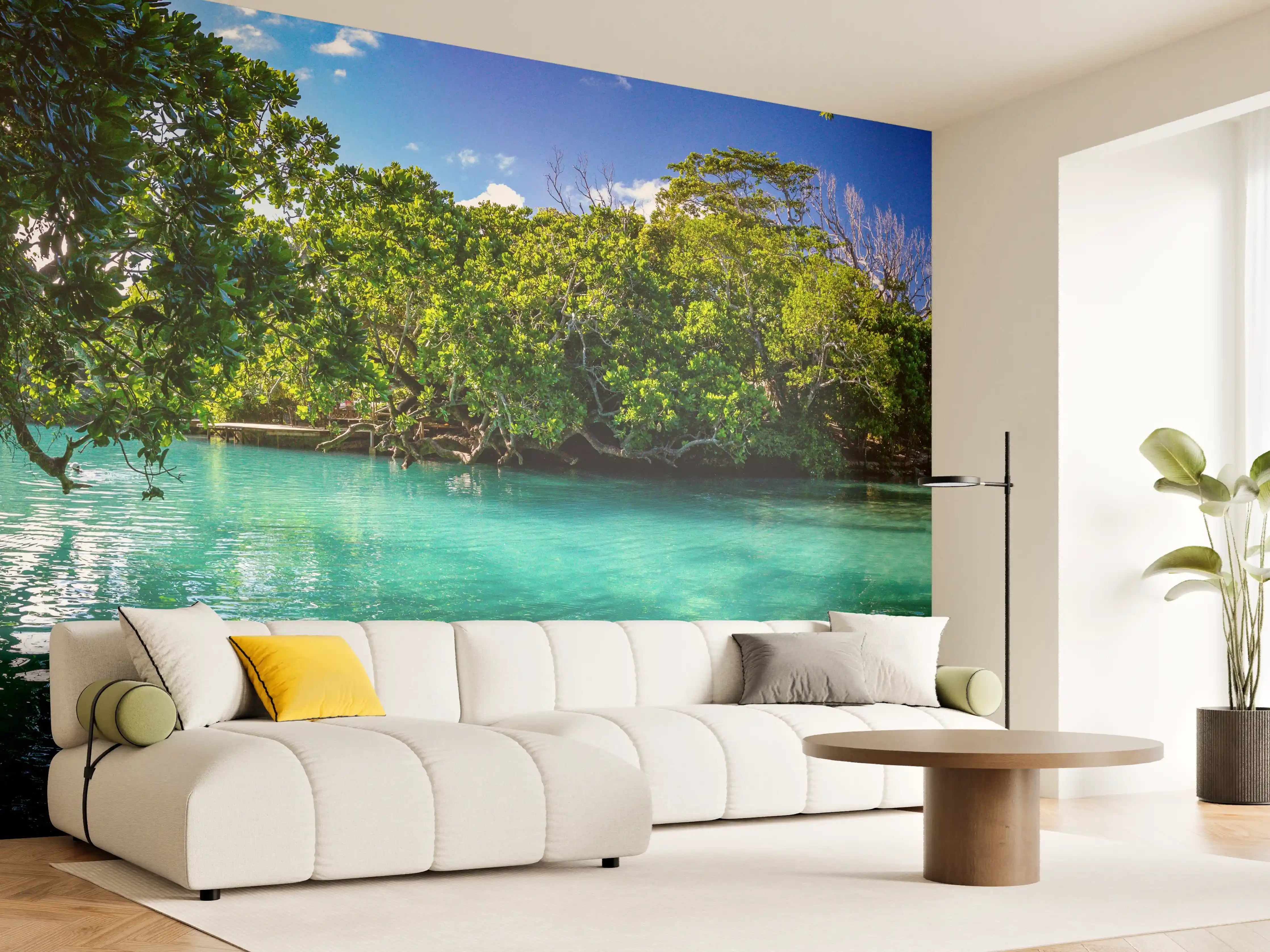 Wandverkleidung Wohnzimmer - Idyllische Wasserlandschaft inmitten von Natur