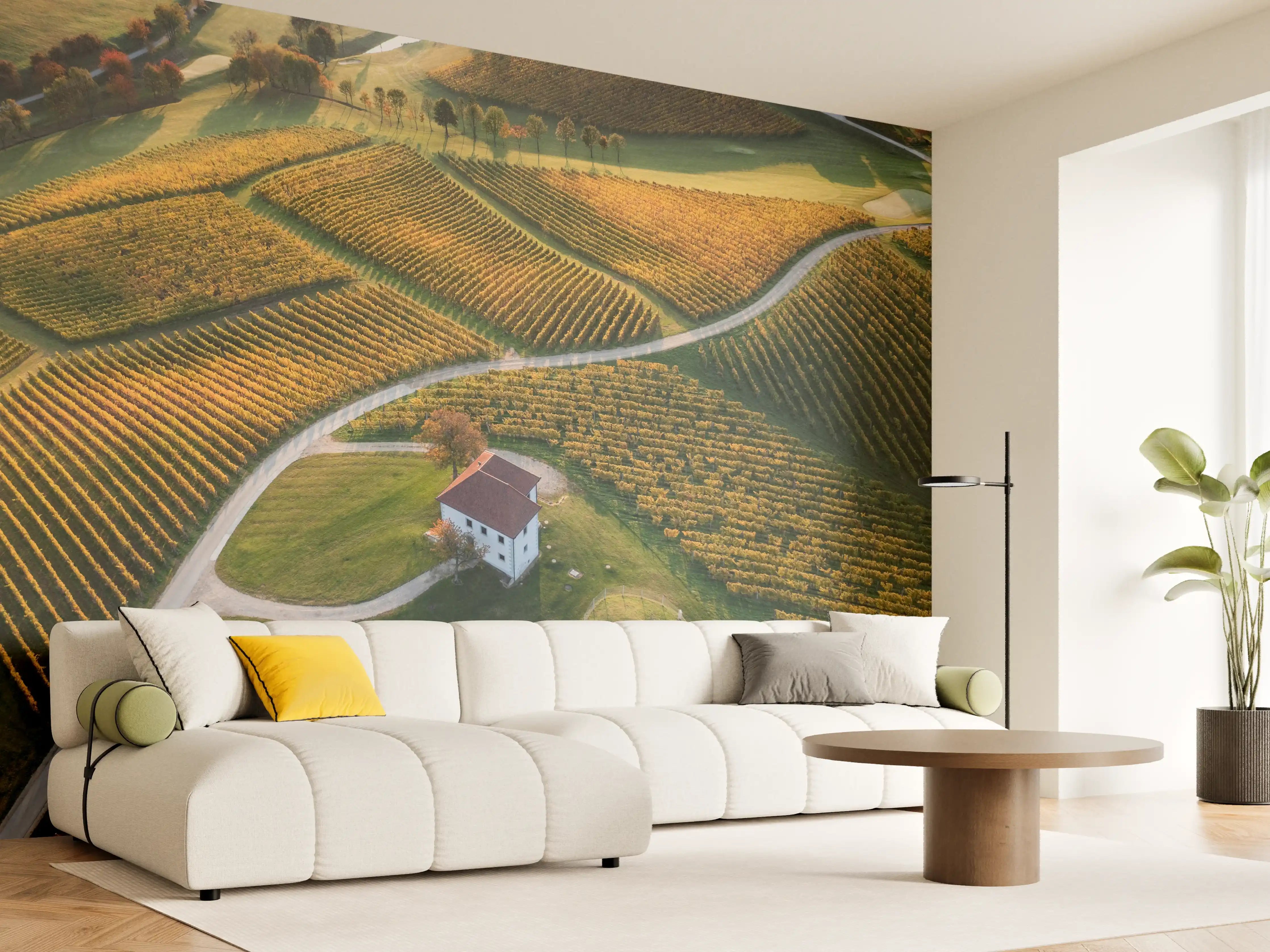 Wandverkleidung Wohnzimmer - Idyllische Weinberge mit Haus