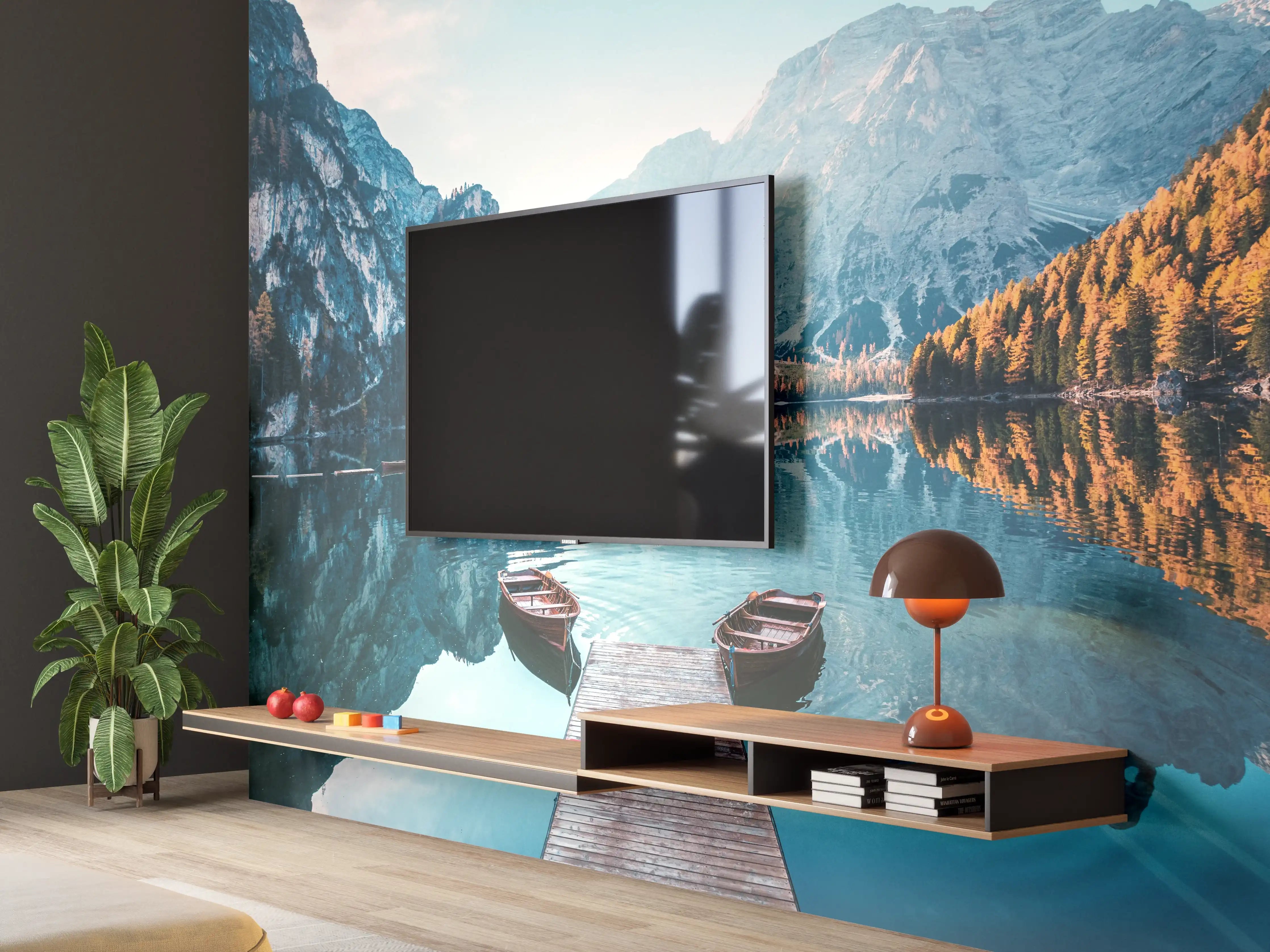 Wandverkleidung Wohnzimmer - Idyllischer Bergsee mit Bootsanlegesteg inmitten der Natur