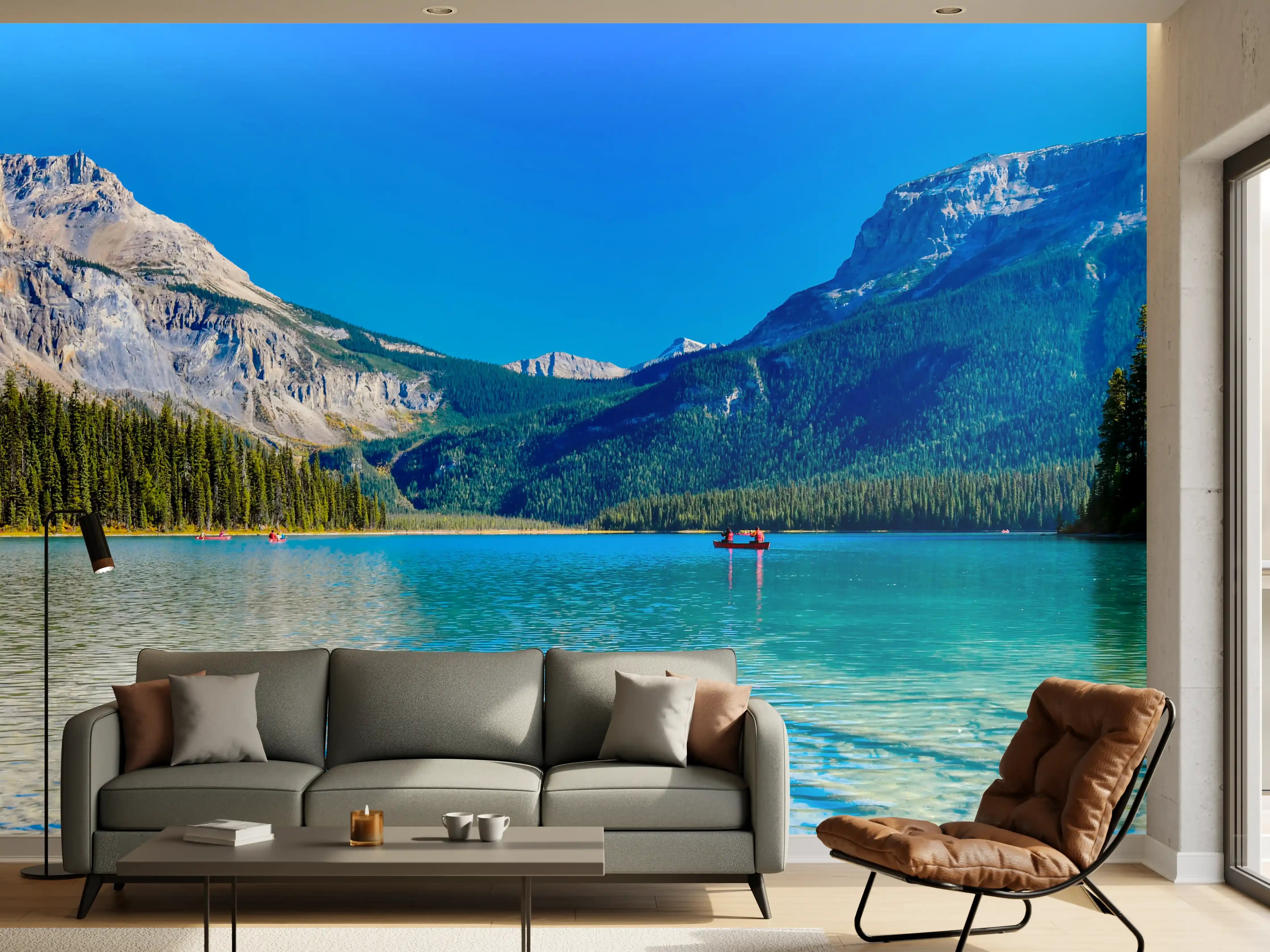 Wandverkleidung Wohnzimmer - Idyllischer Bergsee mit Kanufahrern