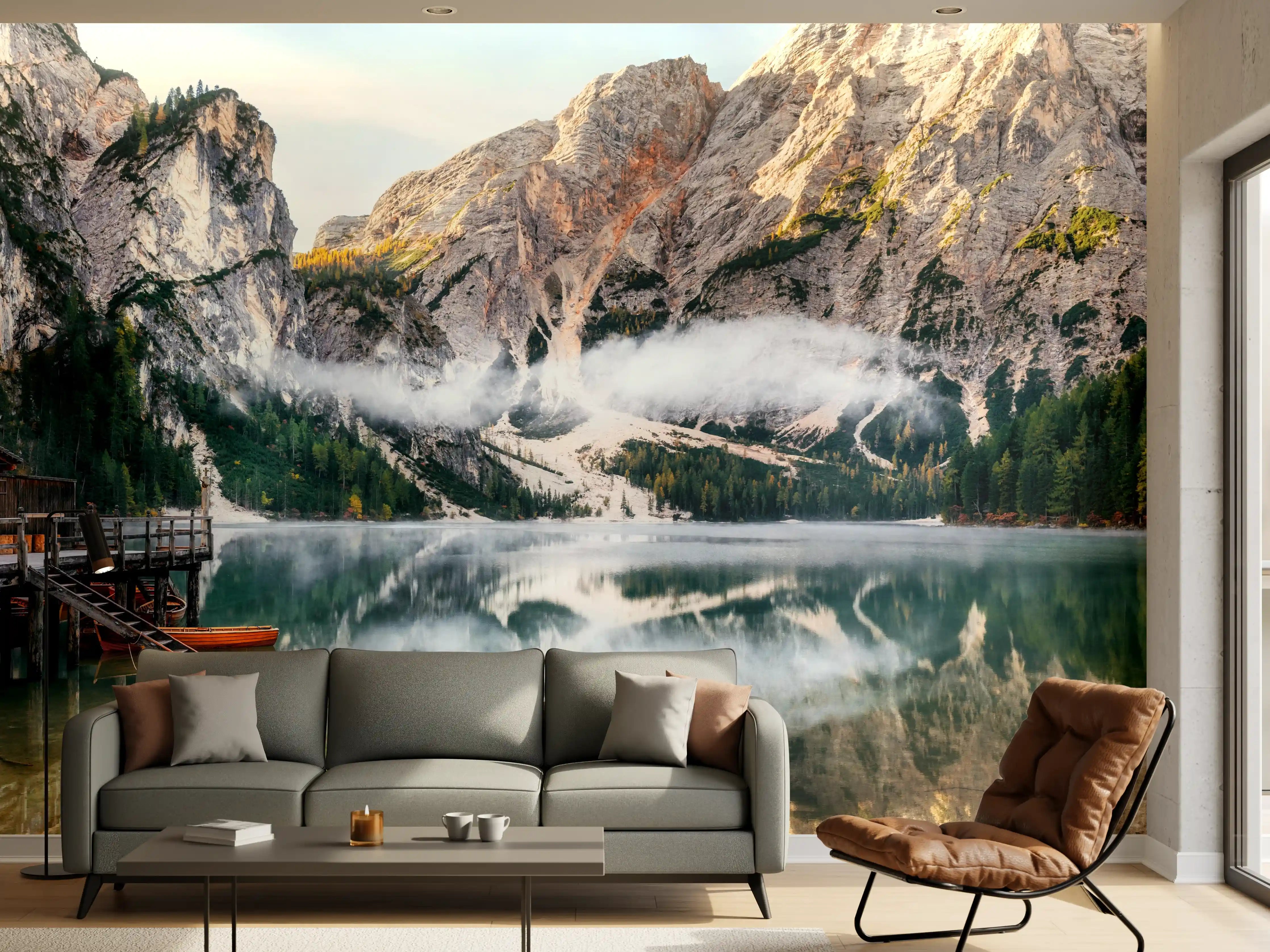 Wandverkleidung Wohnzimmer - Idyllischer Bergsee mit Wald und Bergen