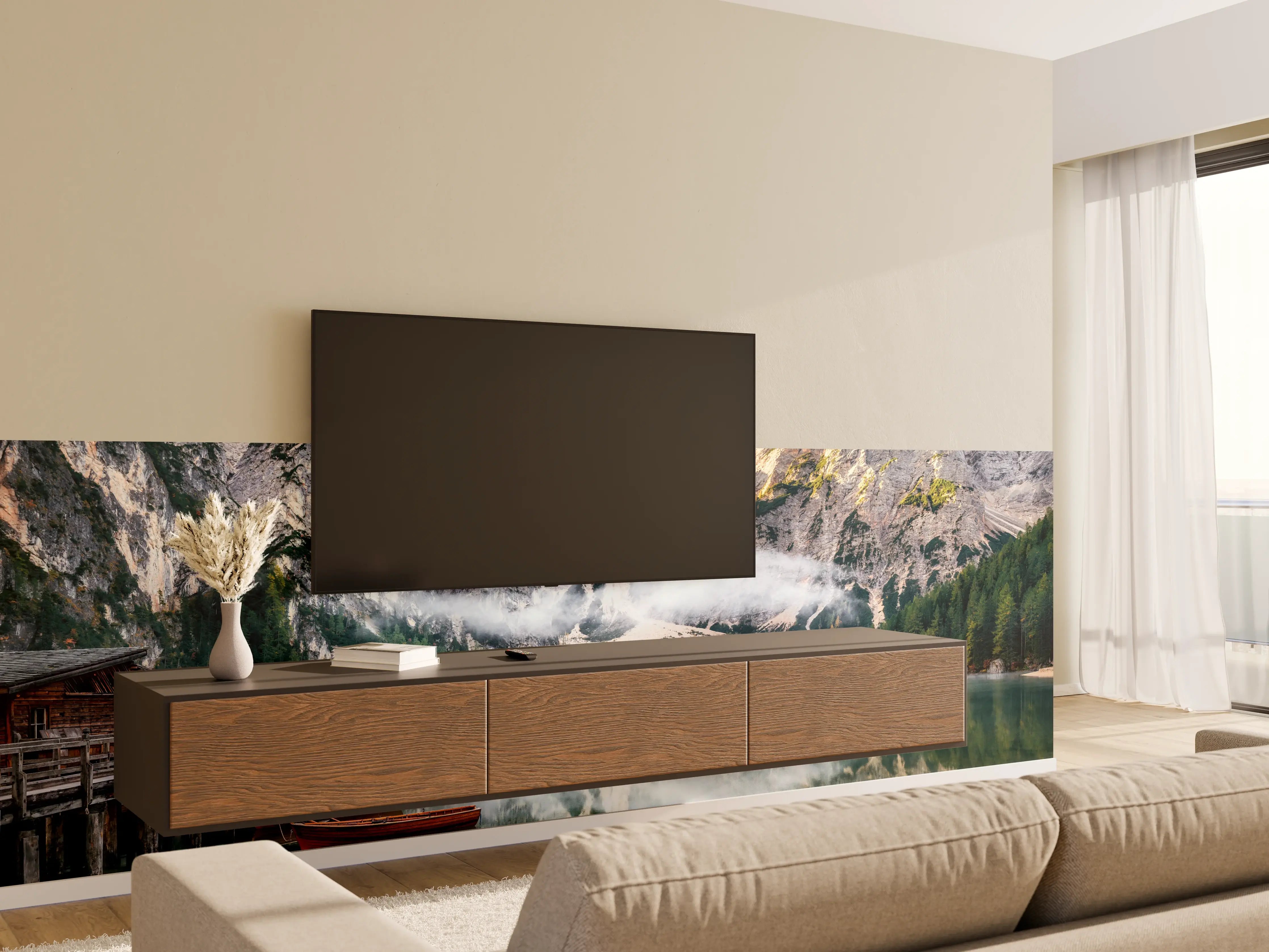Wandverkleidung Wohnzimmer - Idyllischer Bergsee mit Wald und Bergen