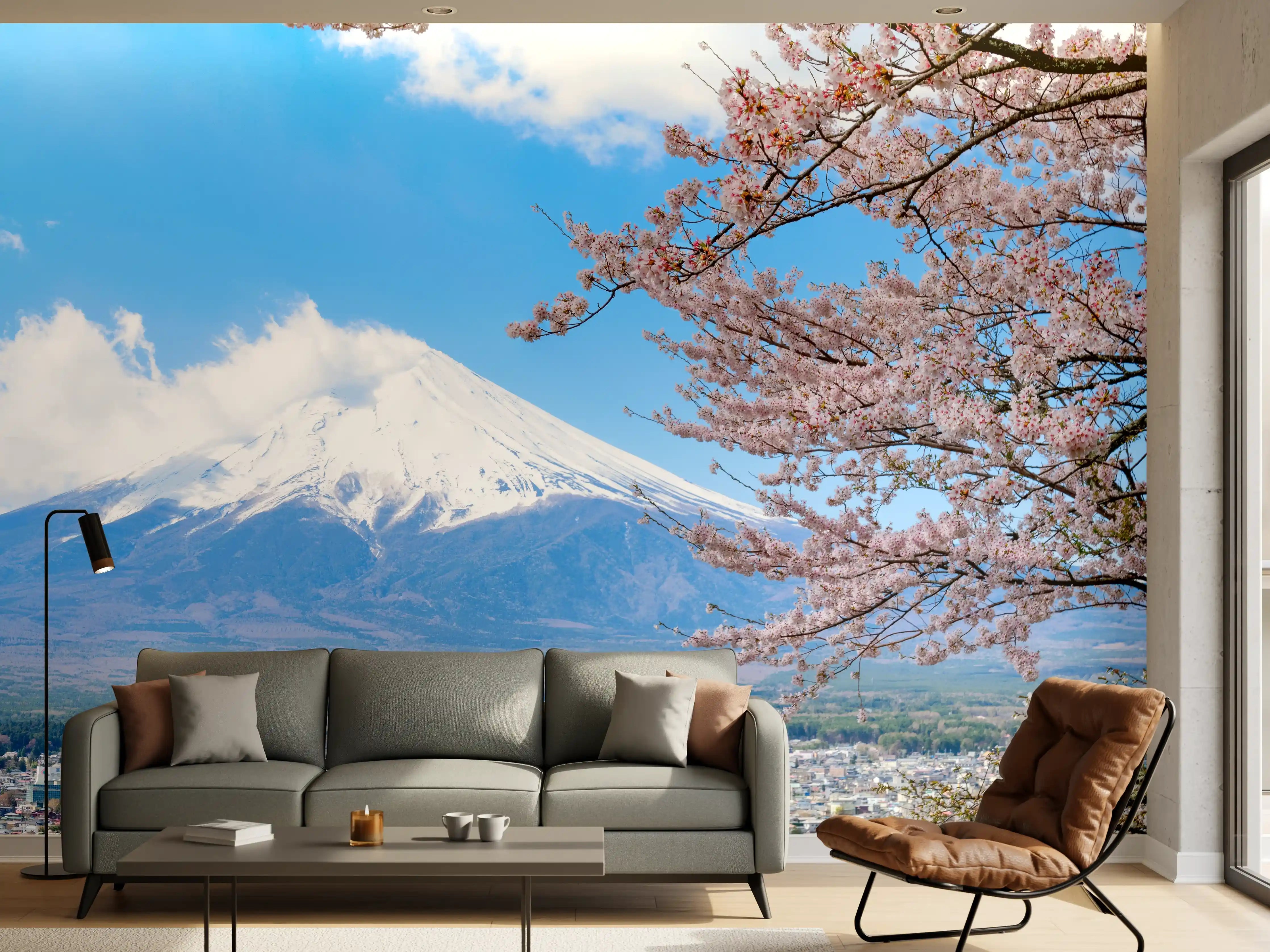 Wandverkleidung Wohnzimmer - Idyllischer Blick auf den Mount Fuji im Frühling