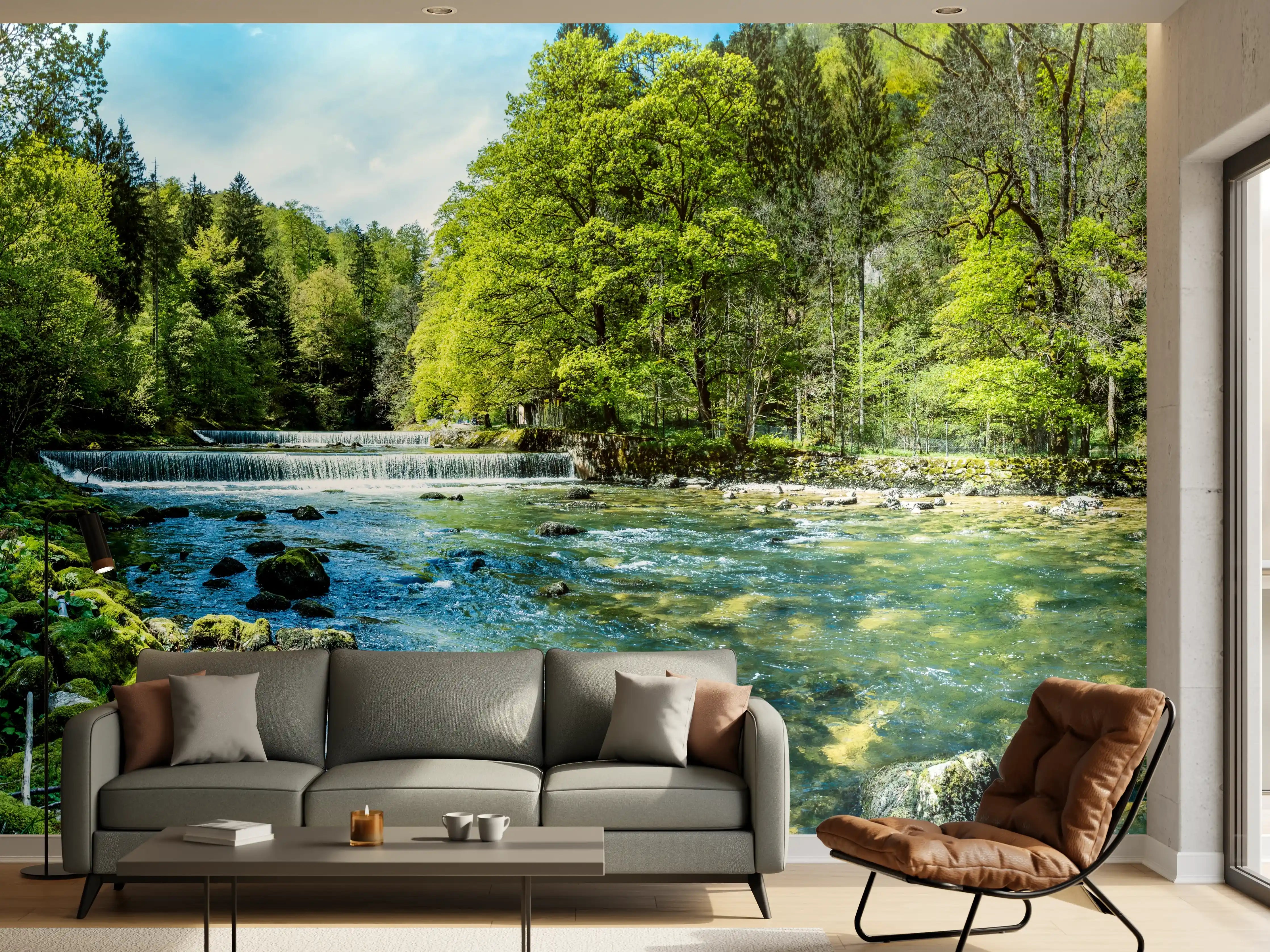 Wandverkleidung Wohnzimmer - Idyllischer Fluss inmitten der Natur