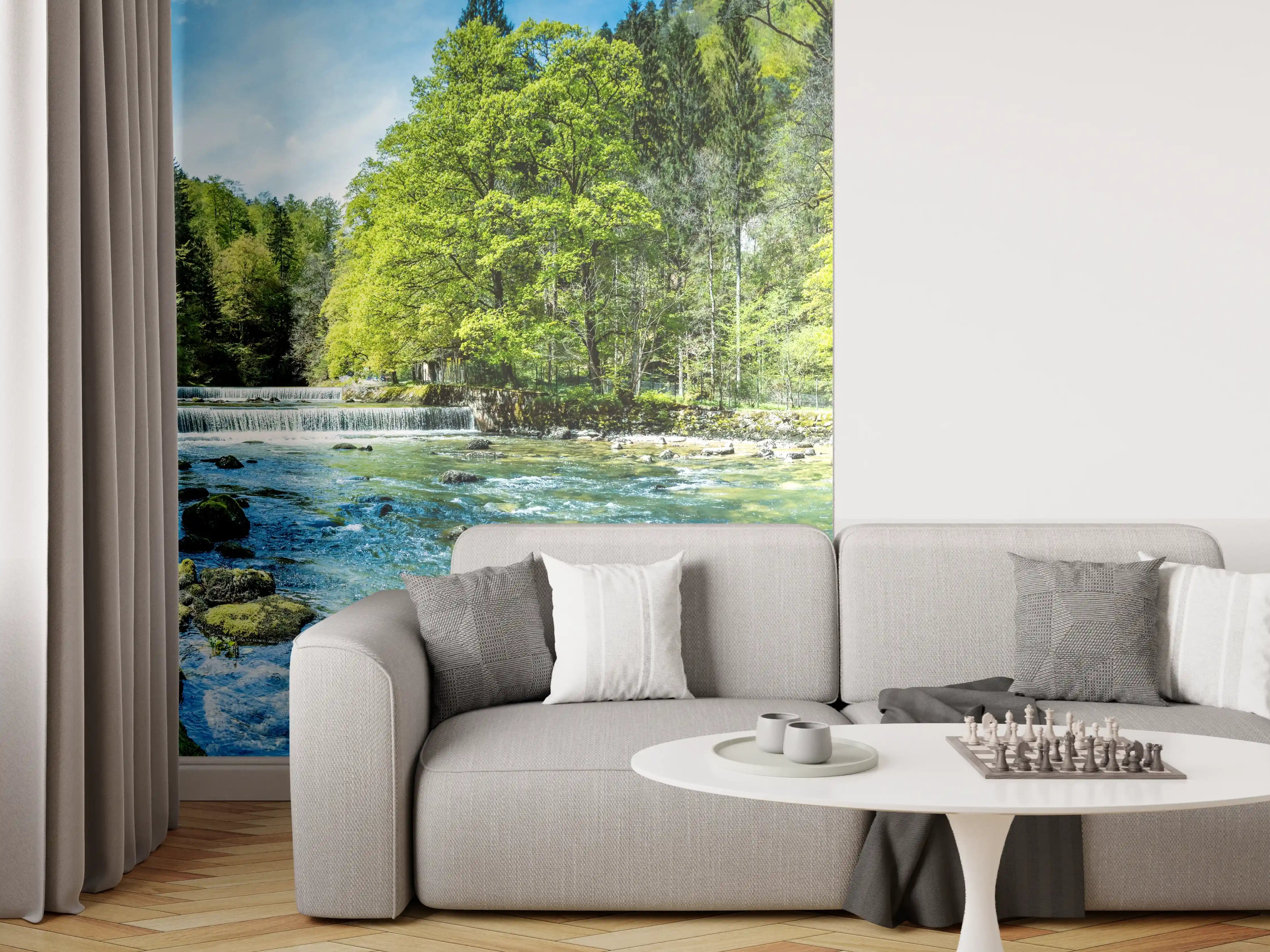 Wandverkleidung Wohnzimmer - Idyllischer Fluss inmitten der Natur