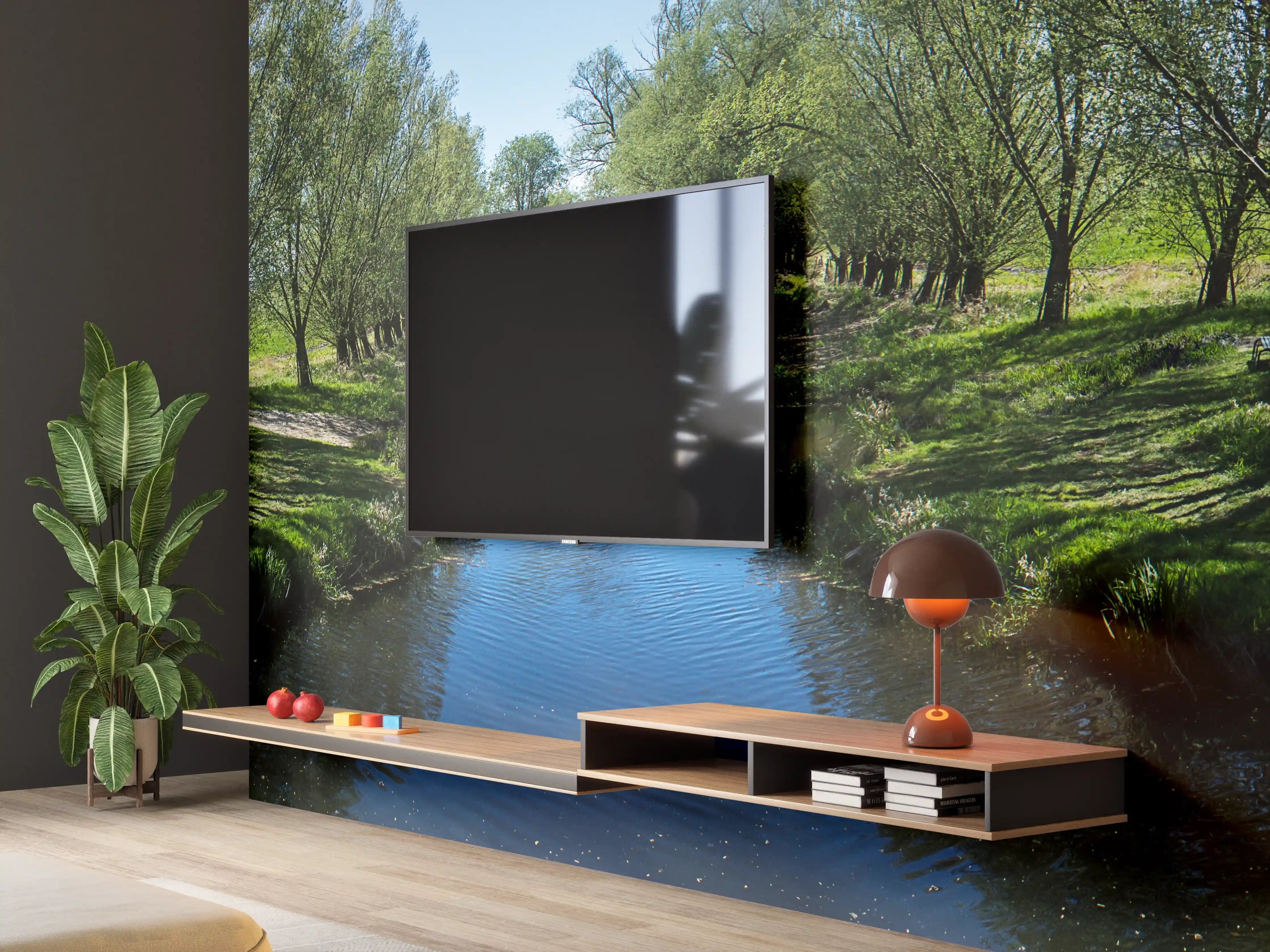 Wandverkleidung Wohnzimmer - Idyllischer Fluss mit Bäumen und natürlicher Umgebung