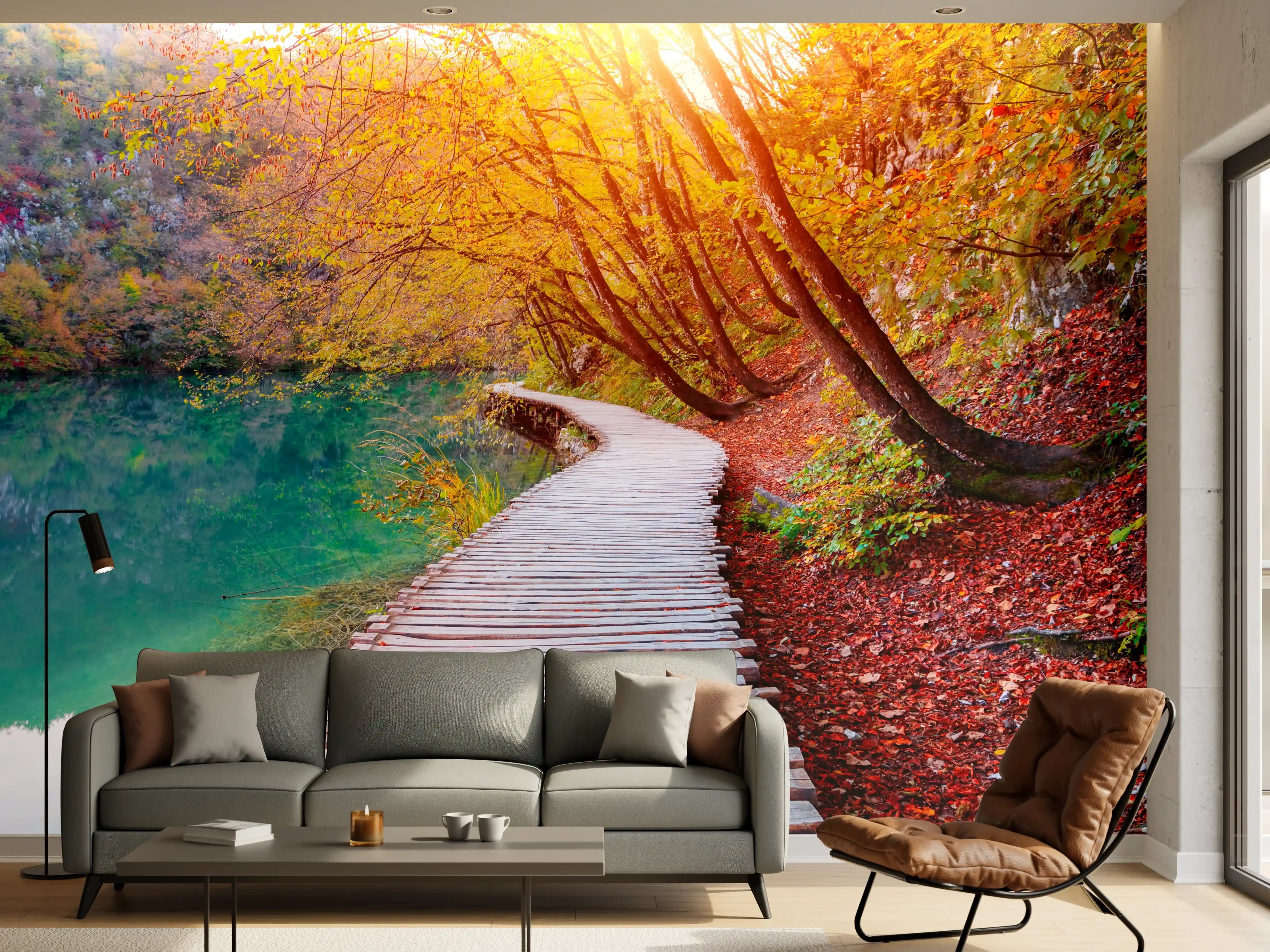 Wandverkleidung Wohnzimmer - Idyllischer Herbstwald mit Holzsteg am See
