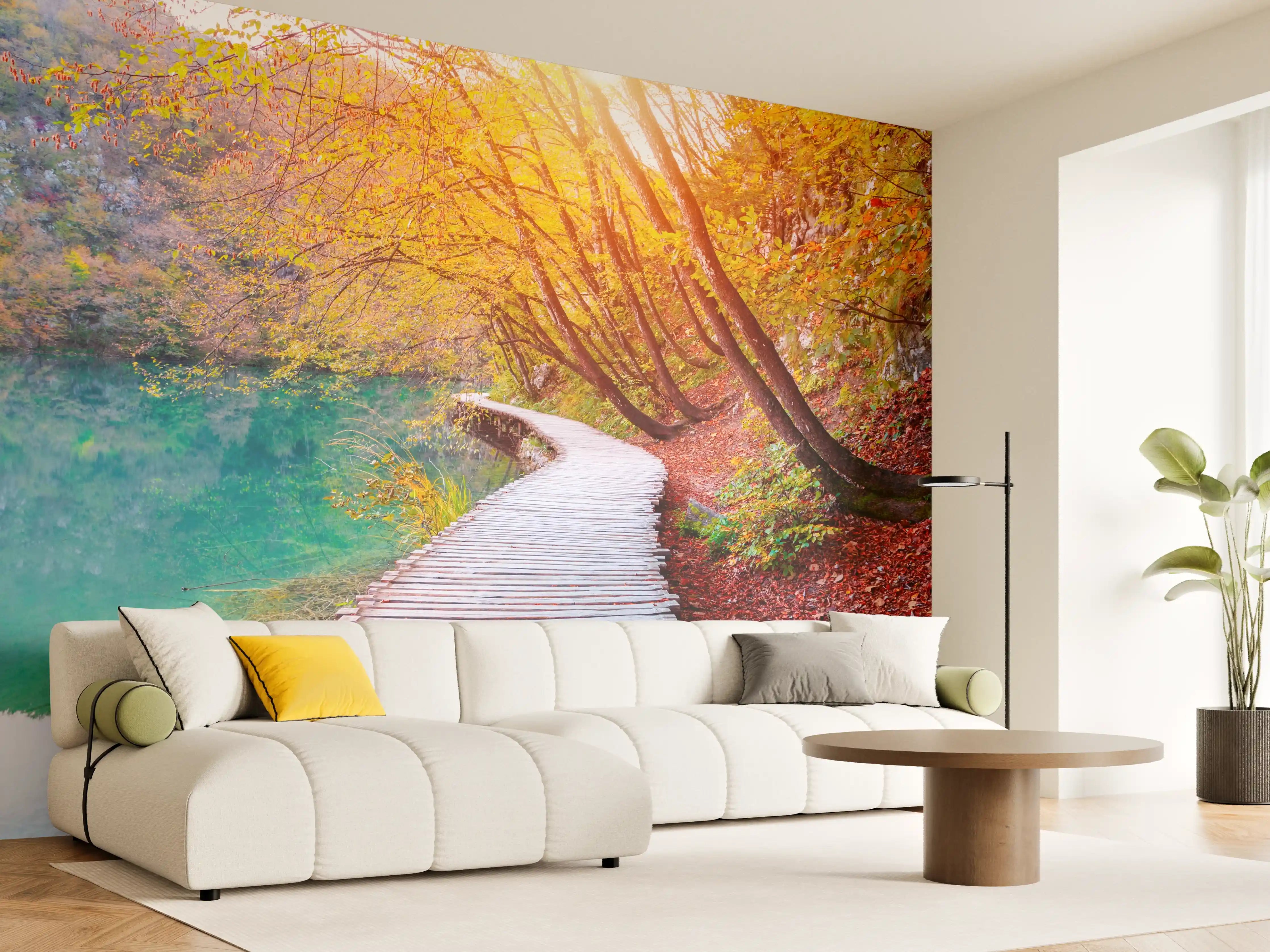 Wandverkleidung Wohnzimmer - Idyllischer Herbstwald mit Holzsteg am See