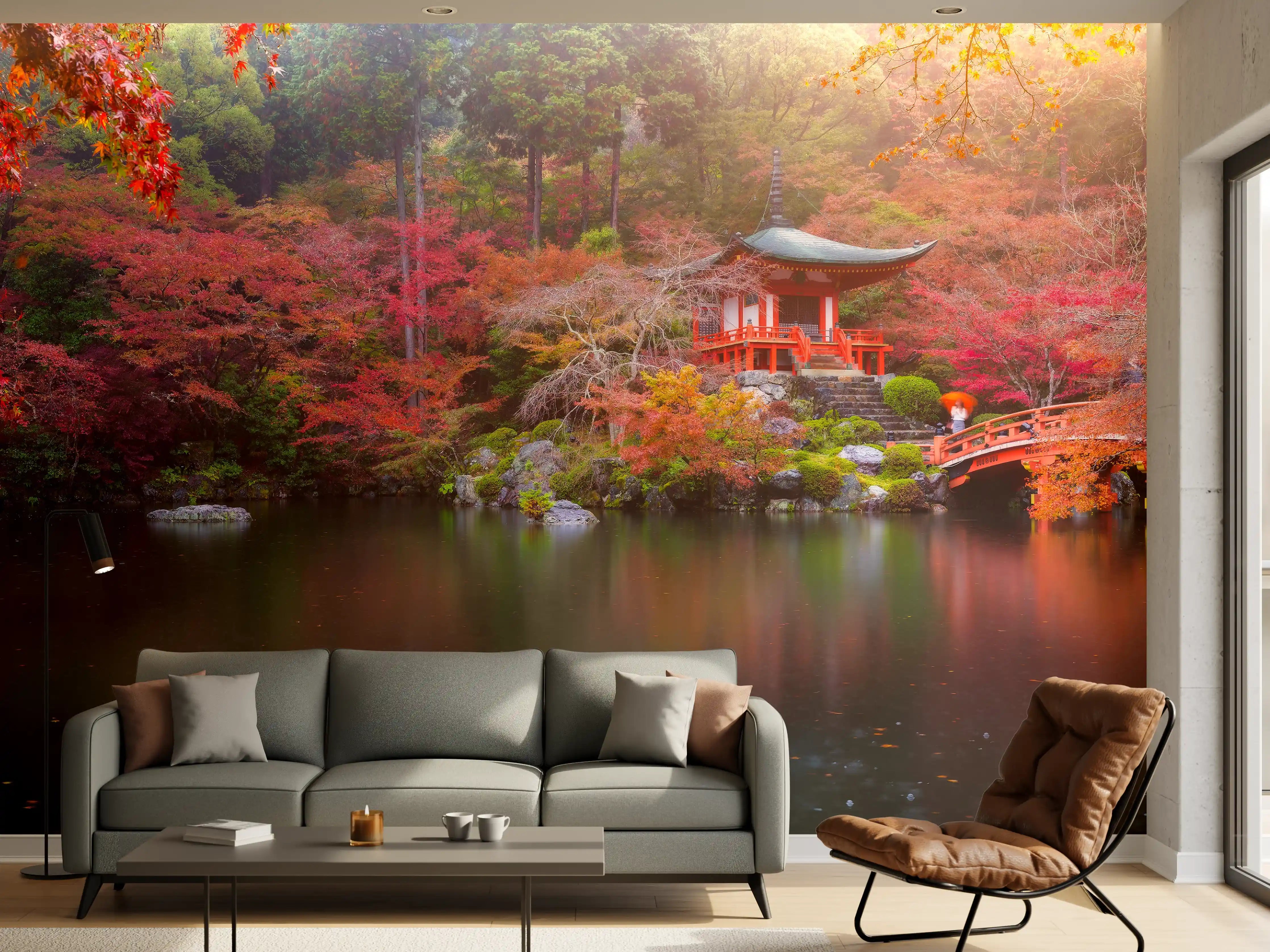Wandverkleidung Wohnzimmer - Idyllischer Japangarten im Herbst