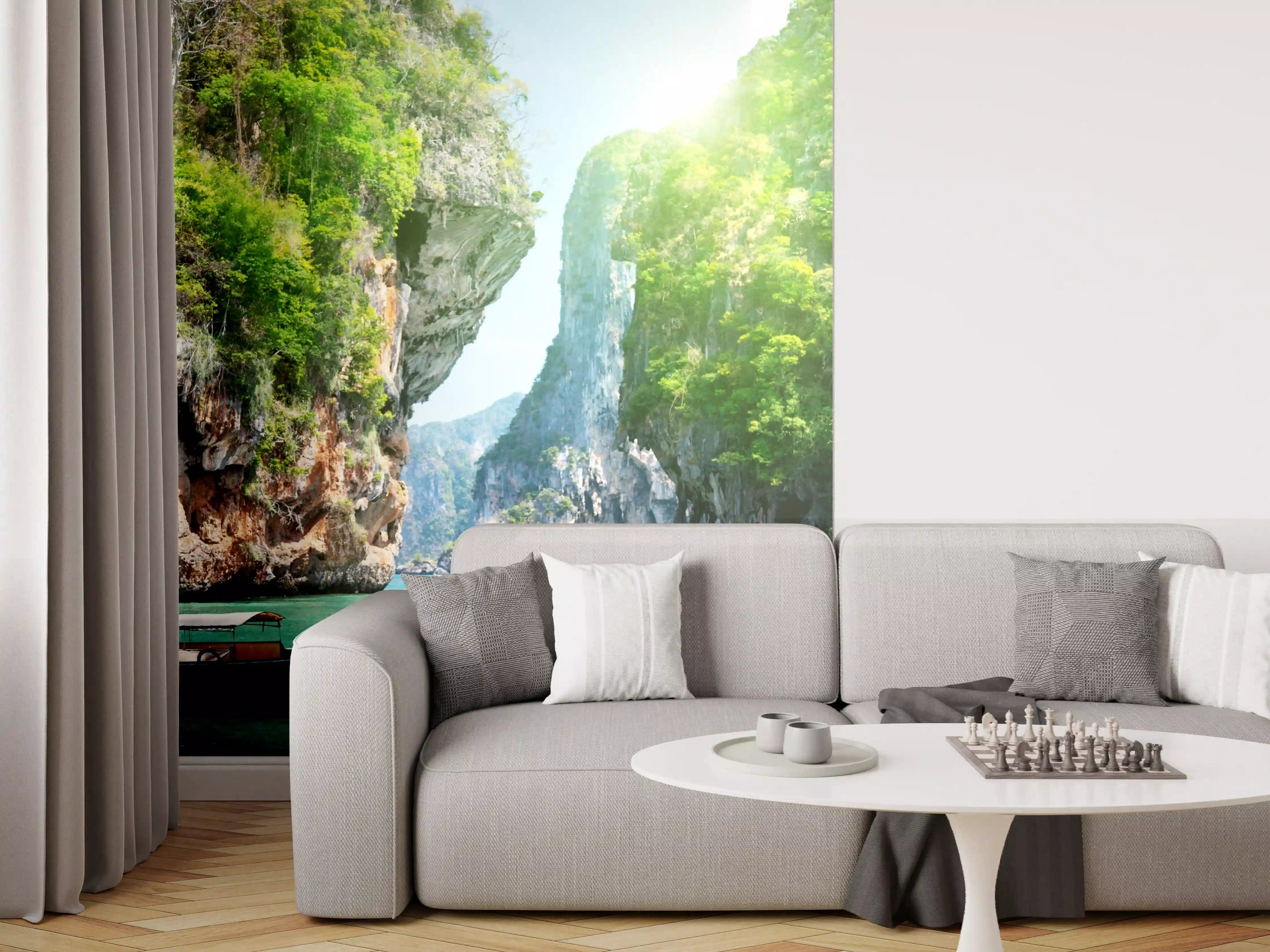 Wandverkleidung Wohnzimmer - Idyllischer See inmitten grüner Klippen