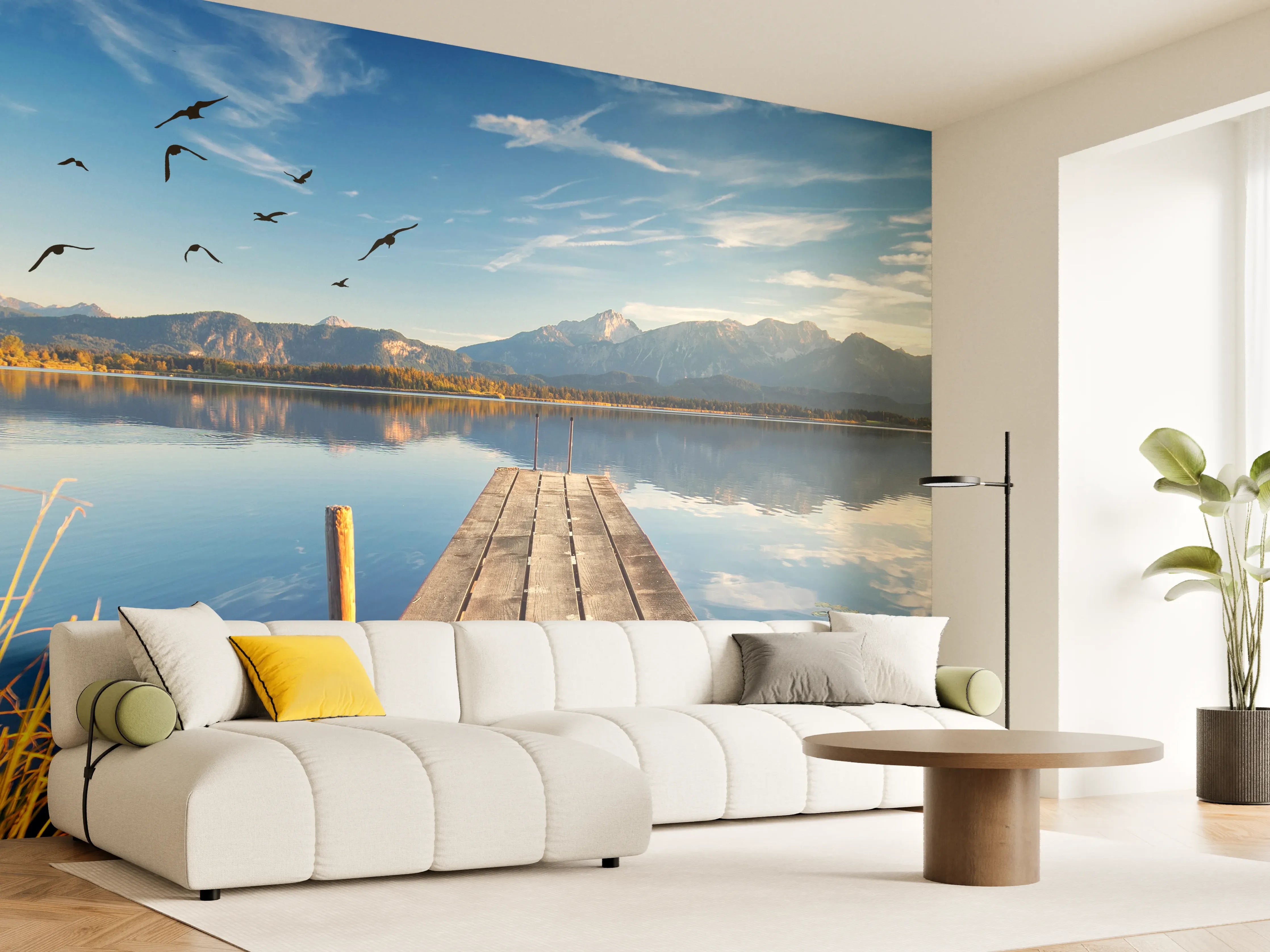Wandverkleidung Wohnzimmer - Idyllischer See mit Bergpanorama und Steg