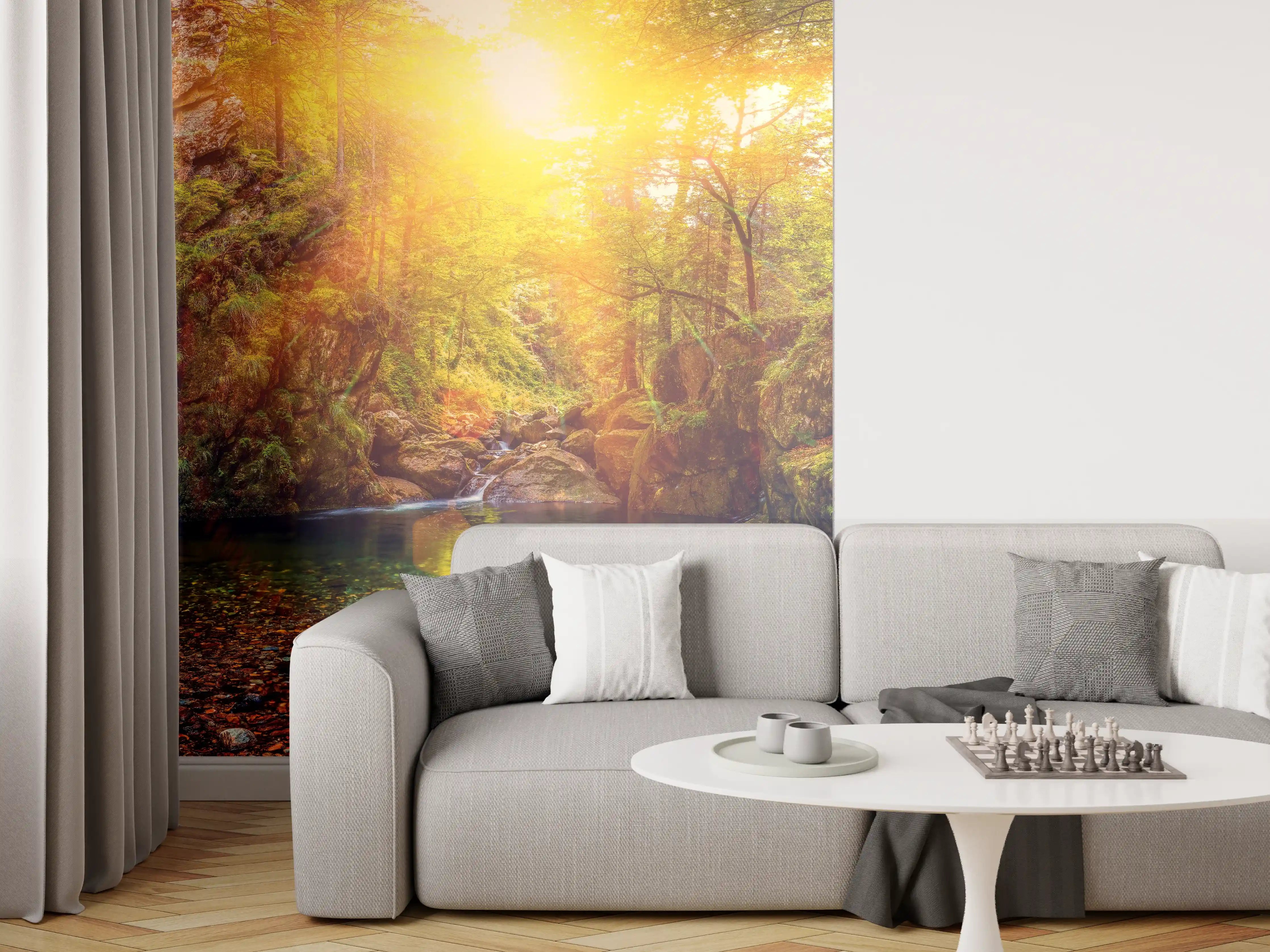 Wandverkleidung Wohnzimmer - Idyllischer Sonnenaufgang im Wald