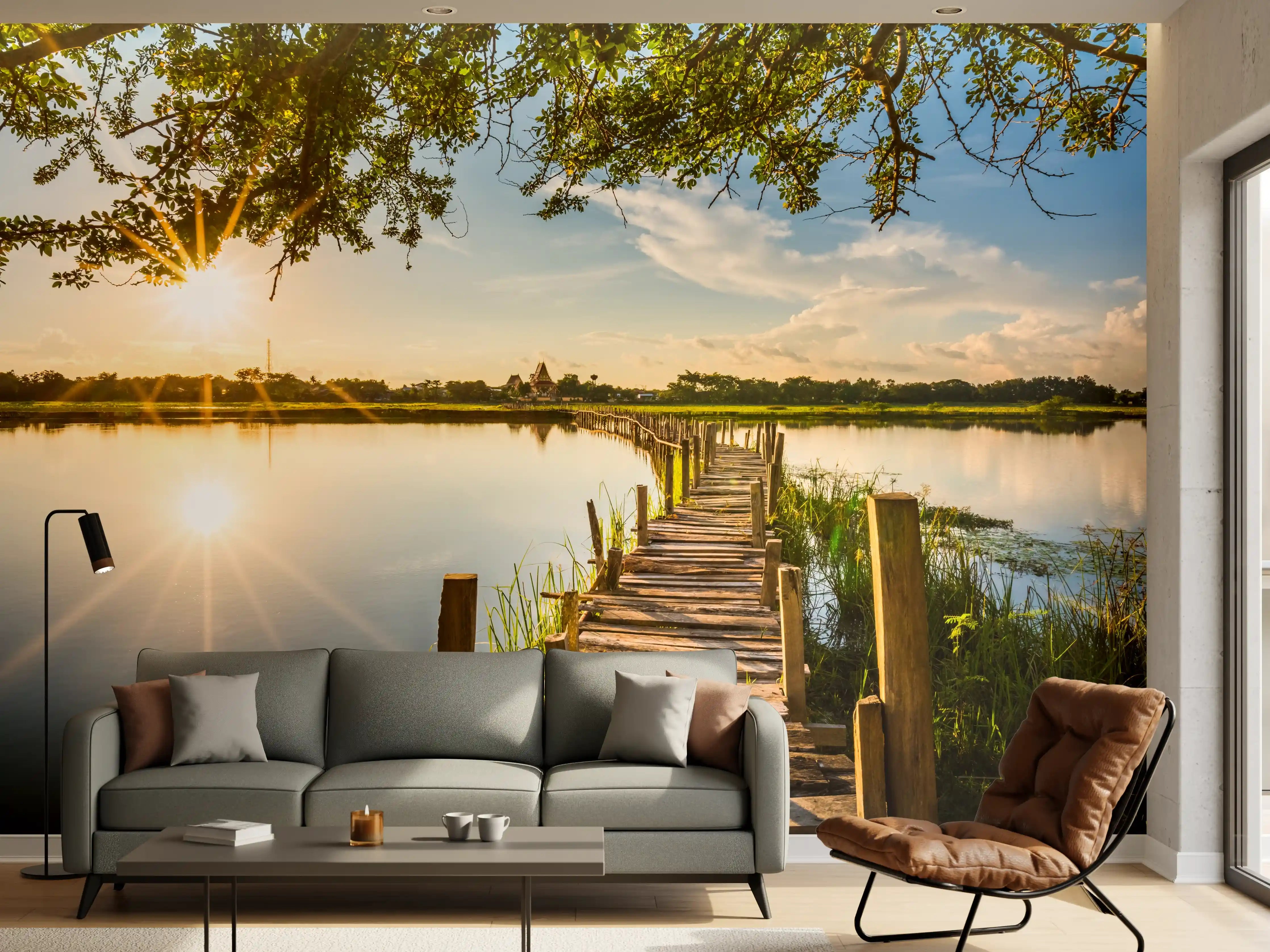 Wandverkleidung Wohnzimmer - Idyllischer Sonnenuntergang am Wasser