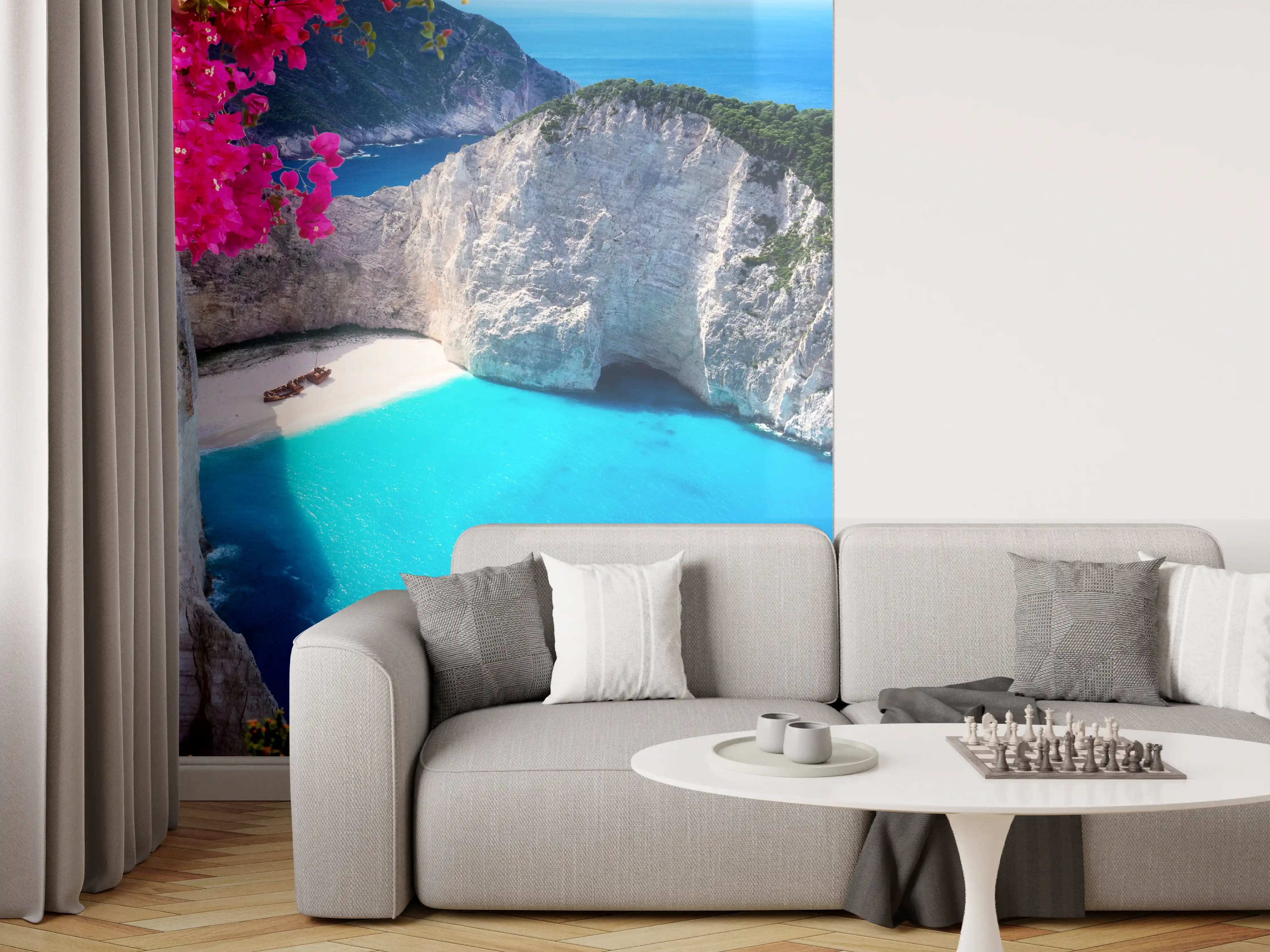 Wandverkleidung Wohnzimmer - Idyllischer Strand auf Santorini